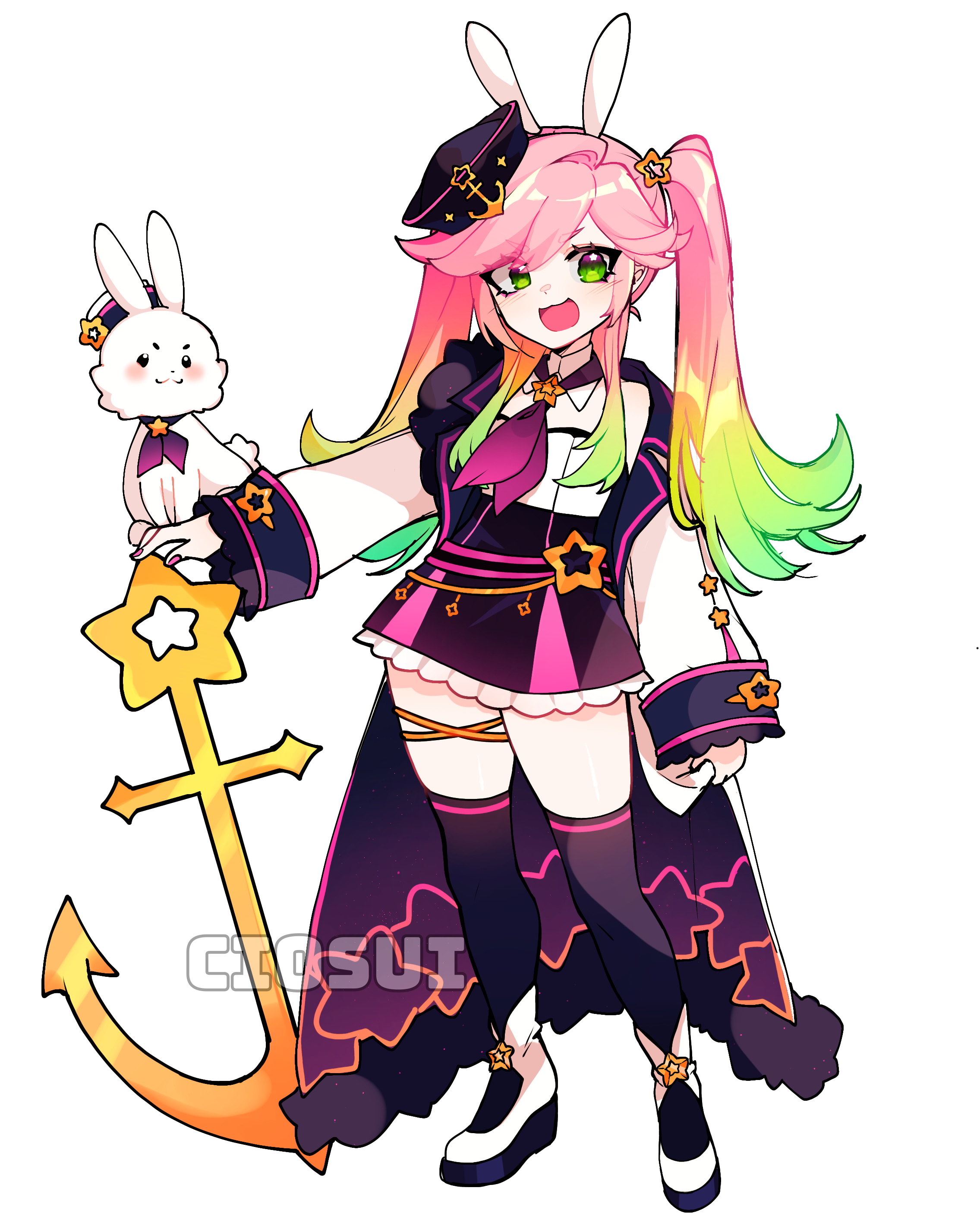 cio (ciosui), original, absurdres, alpha transparency, highres, 1girl, anchor, animal ears, artist name, black thighhighs, blonde hair, coat, eyebrows hidden by hair, full body, gradient hair, green hair, hair ornament, hat, high-waist skirt, miniskirt, multicolored hair, open mouth, pink hair, rabbit, rabbit ears, shoes, skirt, sleeves past wrists, smile, solo, star (symbol), star hair ornament, thigh strap, thighhighs, tilted headwear, transparent background, twintails, two-sided coat, two-sided fabric, watermark, white shoes