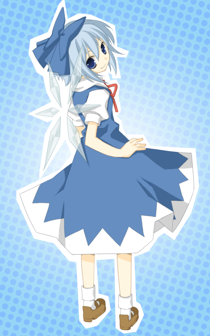 amagu, cirno, embodiment of scarlet devil, touhou, bad id, bad pixiv id, 1girl, blue eyes, dress, female focus, full body, gradient background, looking back, mary janes, ribbon, shoes, smile, solo, white hair, wings