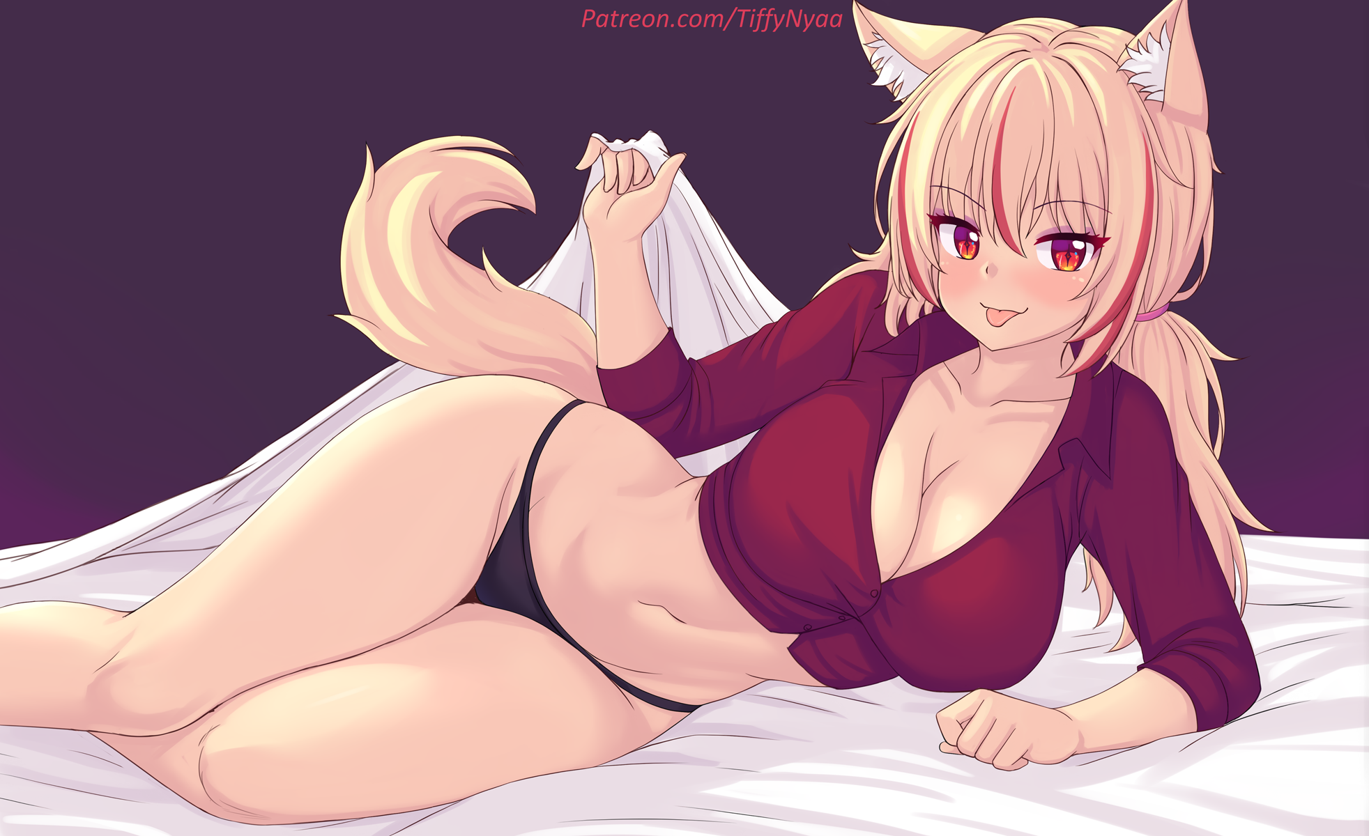 nottytiffy, tiffy (nottytiffy), original, commentary request, highres, :p, animal ear fluff, animal ears, bed sheet, black panties, blonde hair, blush, breasts, cat ears, cleavage, hair between eyes, large breasts, long hair, looking at viewer, lying, multicolored hair, navel, on bed, on side, panties, red hair, red shirt, shirt, sidelocks, streaked hair, thighs, tongue, tongue out, two-tone hair, underwear
