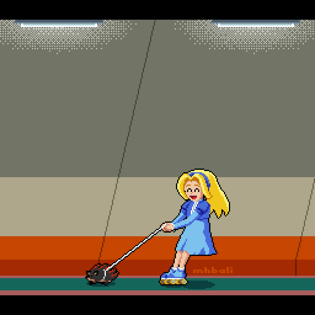 mohammed bali, maria robotnik, shadow the hedgehog, sonic (live action), sonic (series), sonic the hedgehog 3 (movie), animated, animated gif, looping animation, 1girl, ^ ^, animal, animalization, blonde hair, blue boots, blue dress, blue hairband, boots, closed eyes, dress, full body, hairband, happy, hedgehog, leash, pixel art, roller skates, skates, smile