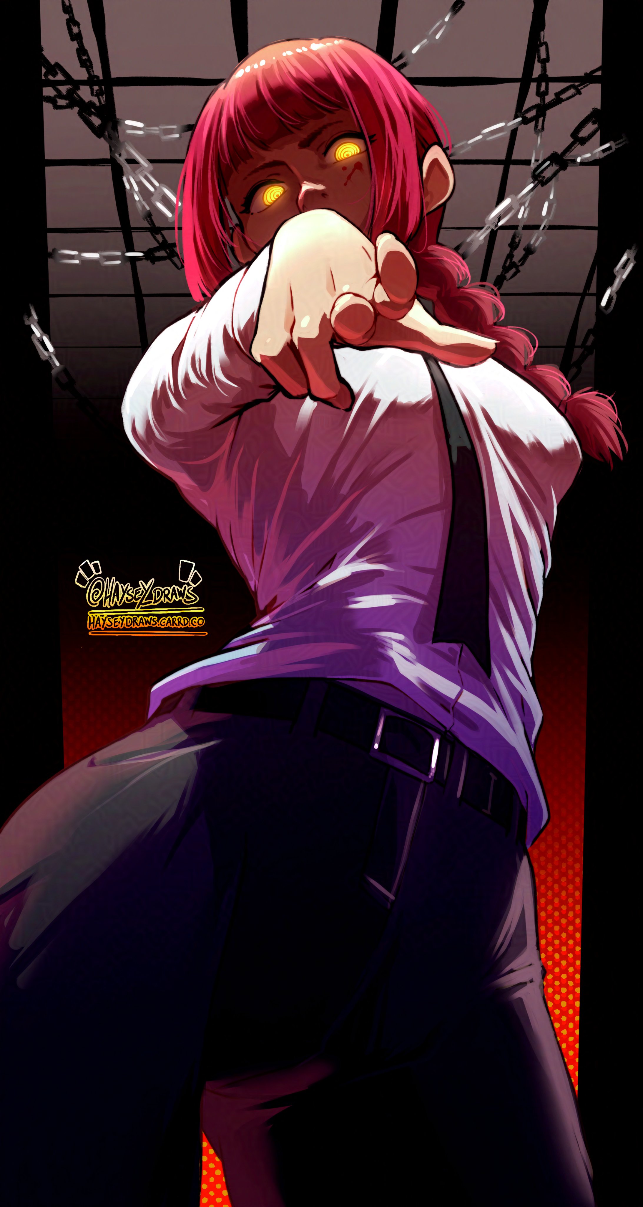 haysey, makima (chainsaw man), chainsaw man, absurdres, commentary, english commentary, highres, 1girl, artist name, black necktie, black pants, braid, braided ponytail, chain, long hair, looking at viewer, necktie, pants, pink hair, shirt, solo, white shirt, yellow eyes