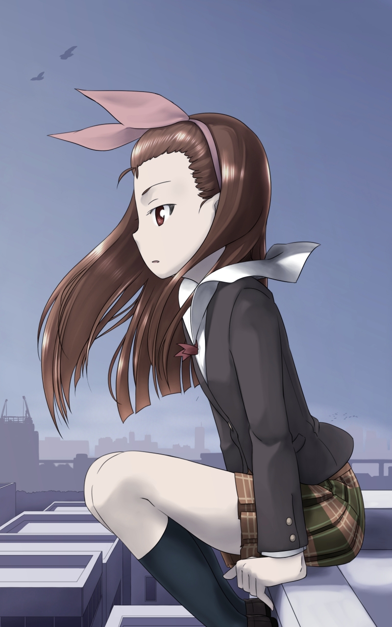 ttomm, minase iori, idolmaster, idolmaster (classic), idolmaster 1, highres, 00s, 1girl, cityscape, female focus, outdoors, rooftop, school uniform, sitting, sky, solo