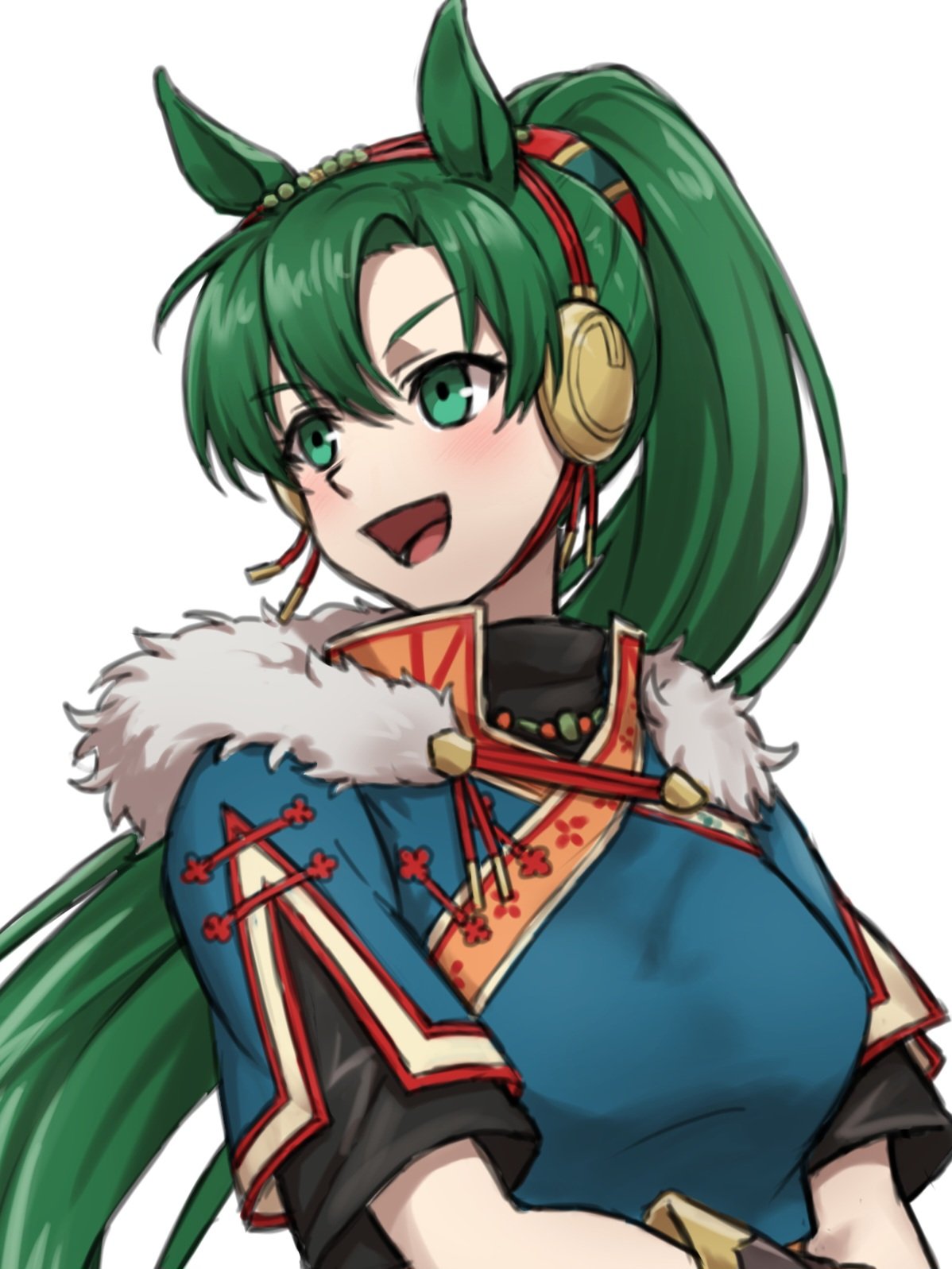 zuzu (ywpd8853), lyn (fire emblem), lyn (plains wind) (fire emblem), fire emblem, fire emblem: the blazing blade, fire emblem shadows, nintendo, highres, 1girl, animal ears, blue dress, blush, breasts, dress, fur trim, gloves, green eyes, green hair, hairband, high ponytail, horse ears, horse girl, long hair, medium breasts, open mouth, ponytail, red hairband, short sleeves, simple background, smile, solo, upper body, very long hair, white background