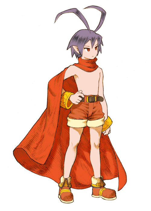 diolemonde, laharl, disgaea, final fantasy, final fantasy tactics, nippon ichi, 1boy, antenna hair, belt, cape, demon boy, full body, male focus, parody, red shorts, shoes, shorts, solo, standing, style parody, topless male, white background