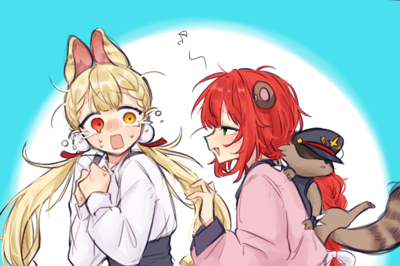siiaka023, alice thymefield, kamanosuke (zenless zone zero), ukinami yuzuha, zenless zone zero, commentary request, highres, 2girls, animal, animal ears, animal on back, blonde hair, blush, clothed animal, eighth note, green eyes, hair between eyes, hair ornament, hat, heterochromia, long hair, long sleeves, low twintails, messy hair, multiple girls, musical note, open mouth, own hands together, rabbit ears, rabbit girl, raccoon, red hair, shirt, sphere hair ornament, tears, twintails, upper body, white shirt