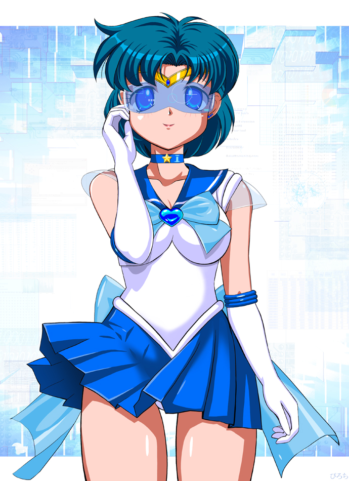 pirochi, mizuno ami, sailor mercury, bishoujo senshi sailor moon, visor, md5 mismatch, resolution mismatch, source larger, 1990s (style), 1girl, blue eyes, blue hair, blue sailor collar, blue skirt, blue theme, blush, bow, brooch, choker, earrings, elbow gloves, female focus, gloves, heart, heart brooch, jewelry, magical girl, matching hair/eyes, panties, retro artstyle, sailor collar, sailor senshi uniform, short hair, skirt, solo, tiara, underwear, white gloves