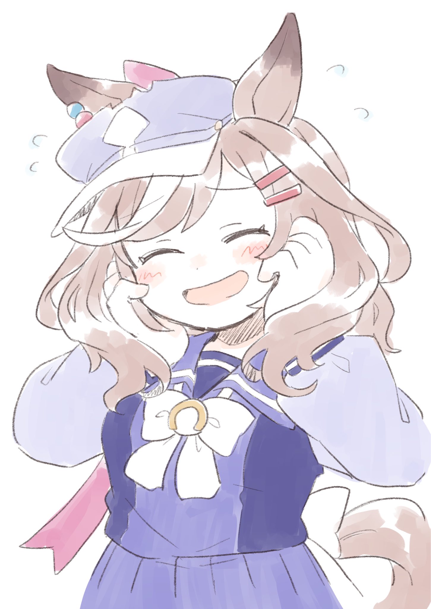 matikanetannhauser (umamusume), umamusume, highres, 1girl, animal ears, blush, bow, breasts, brown hair, closed eyes, ears through headwear, hair ornament, hairclip, hat, horse ears, horse girl, horse tail, long sleeves, medium hair, multicolored hair, newsboy cap, open mouth, org knight, purple sailor collar, purple serafuku, purple shirt, purple skirt, sailor collar, sailor shirt, school uniform, serafuku, shirt, simple background, skirt, smile, solo, streaked hair, tail, tilted headwear, tracen school uniform, white background, white bow