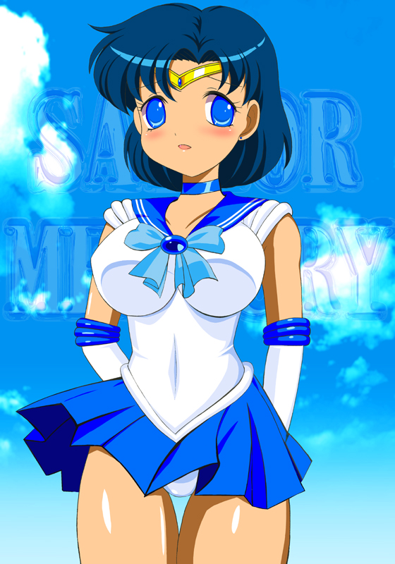pirochi, mizuno ami, sailor mercury, bishoujo senshi sailor moon, 1990s (style), 1girl, blue eyes, blue hair, blue sailor collar, blue skirt, blue theme, blush, bow, character name, choker, earrings, elbow gloves, female focus, gloves, jewelry, magical girl, matching hair/eyes, panties, pantyshot, retro artstyle, sailor collar, short hair, skirt, solo, thigh gap, tiara, underwear, upskirt, white gloves