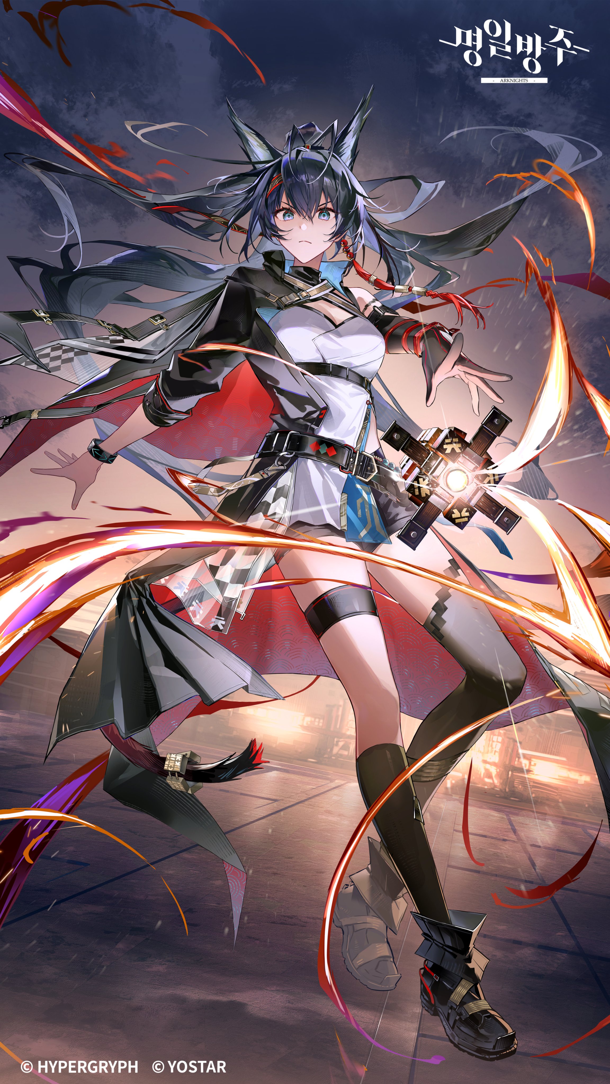 ryat, blaze (arknights), blaze the igniting spark (arknights), infection monitor (arknights), arknights, absurdres, highres, 1girl, animal ears, asymmetrical clothes, asymmetrical gloves, asymmetrical legwear, black gloves, black hair, blue eyes, breasts, cat ears, cat girl, cat tail, company name, copyright name, elbow gloves, gloves, kneehighs, long hair, looking at viewer, ponytail, shirt, shorts, single elbow glove, single kneehigh, single sleeve, single sock, single thighhigh, socks, solo, staff, tail, thigh strap, thighhighs, white shirt