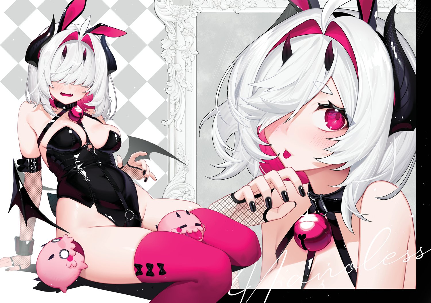 nanoless, nano (nanoless), indie virtual youtuber, 1girl, :p, animal ears, bell, black leotard, black nails, colored inner hair, demon horns, demon wings, elbow gloves, fake animal ears, fangs, fingerless gloves, fishnet gloves, fishnets, gloves, hair over eyes, hair over one eye, horns, jingle bell, leotard, medium hair, multicolored hair, open mouth, pink eyes, pink hair, pink thighhighs, playboy bunny, rabbit ears, signature, sitting, skin fangs, thick eyebrows, thighhighs, tongue, tongue out, white hair, wings