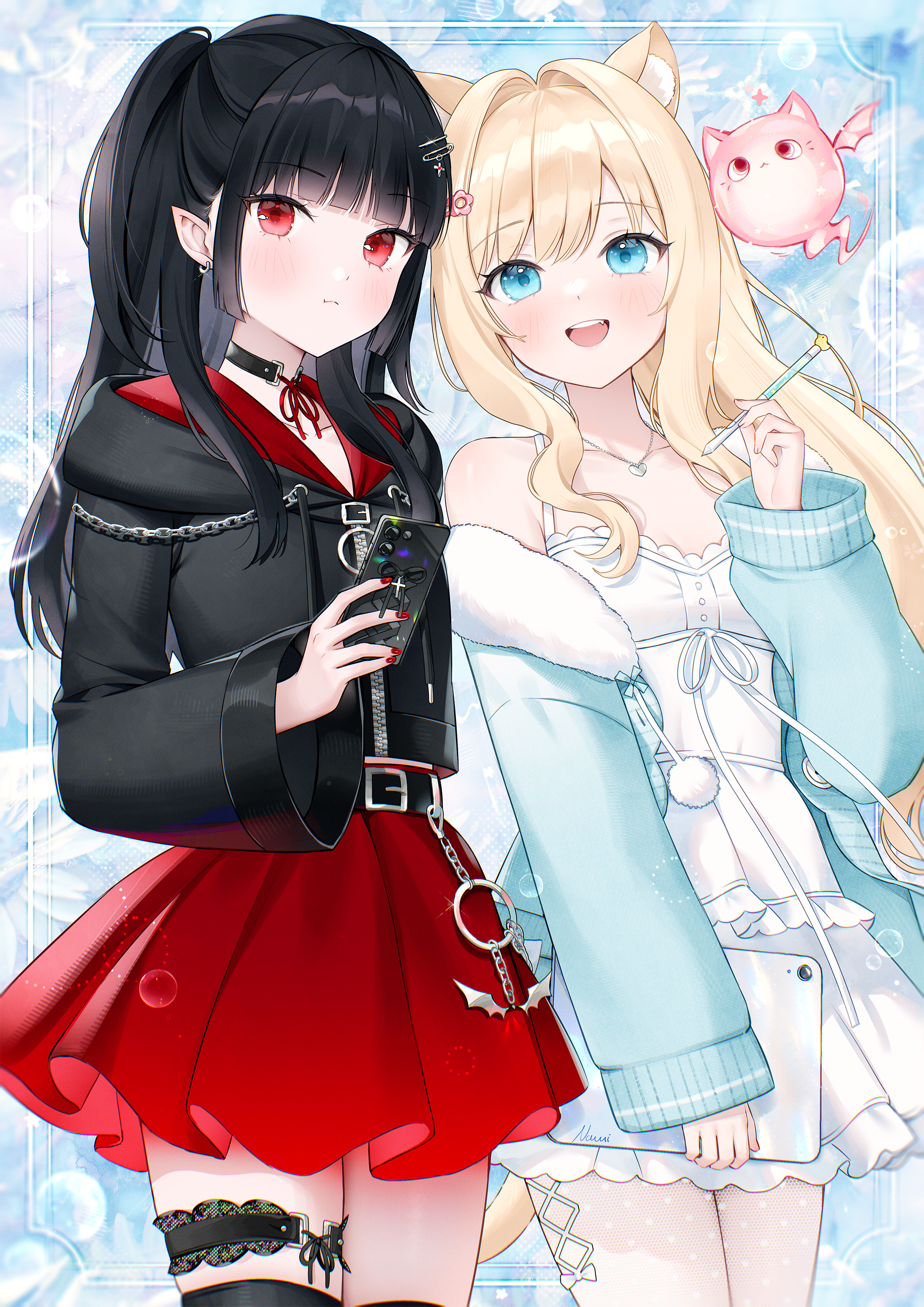 nami (nyaa), original, absurdres, commentary request, highres, 2girls, :d, animal ear fluff, animal ears, bare shoulders, belt, belt buckle, black belt, black hair, black jacket, black thighhighs, blonde hair, blue eyes, blue jacket, breasts, buckle, cat ears, cat girl, cat tail, cellphone, cleavage, collarbone, drawstring, dress, fur-trimmed jacket, fur trim, hair intakes, holding, holding pen, holding phone, hood, hood down, hooded jacket, jacket, long hair, long sleeves, multiple girls, off shoulder, one side up, open clothes, open jacket, open mouth, pen, phone, pleated skirt, puffy long sleeves, puffy sleeves, red skirt, skirt, sleeveless, sleeveless dress, small breasts, smile, tablet pc, tail, thighhighs, very long hair, white dress
