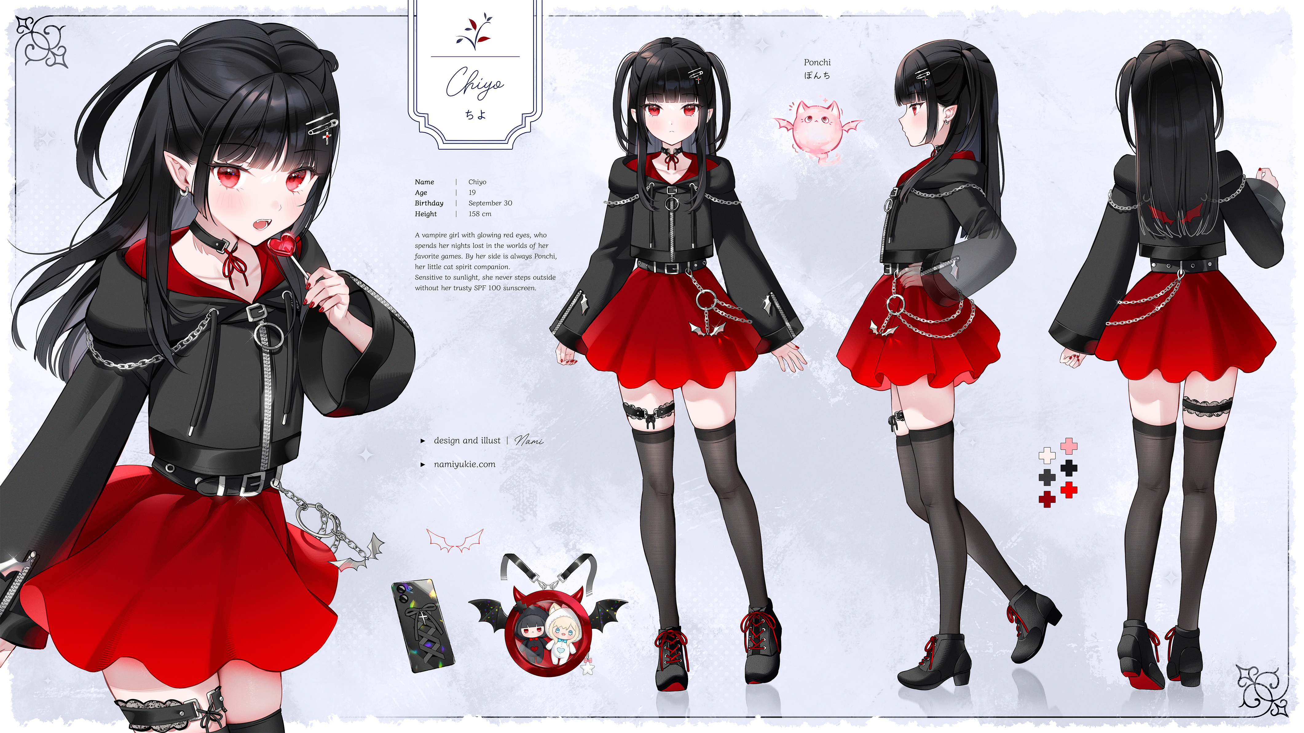 nami (nyaa), original, absurdres, highres, 1girl, belt, belt buckle, black belt, black hair, black jacket, black shoes, buckle, candy, cellphone, earrings, english text, food, grey thighhighs, heart, heart-shaped food, heart-shaped lollipop, holding, holding candy, holding food, holding lollipop, hood, hood down, hooded jacket, jacket, jewelry, kneepits, lollipop, long hair, long sleeves, multiple views, open mouth, phone, pointy ears, red eyes, red skirt, reference sheet, shaped lollipop, shoes, skirt, thighhighs, two side up, watermark, web address, wide sleeves