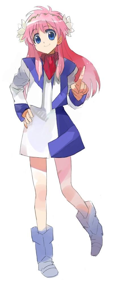 asasow, milfeulle sakuraba, galaxy angel, soukyuu no fafner, 1girl, blue eyes, cosplay, female focus, flower, hairband, hand on own hip, index finger raised, long hair, pink hair, sketch, smile, solo