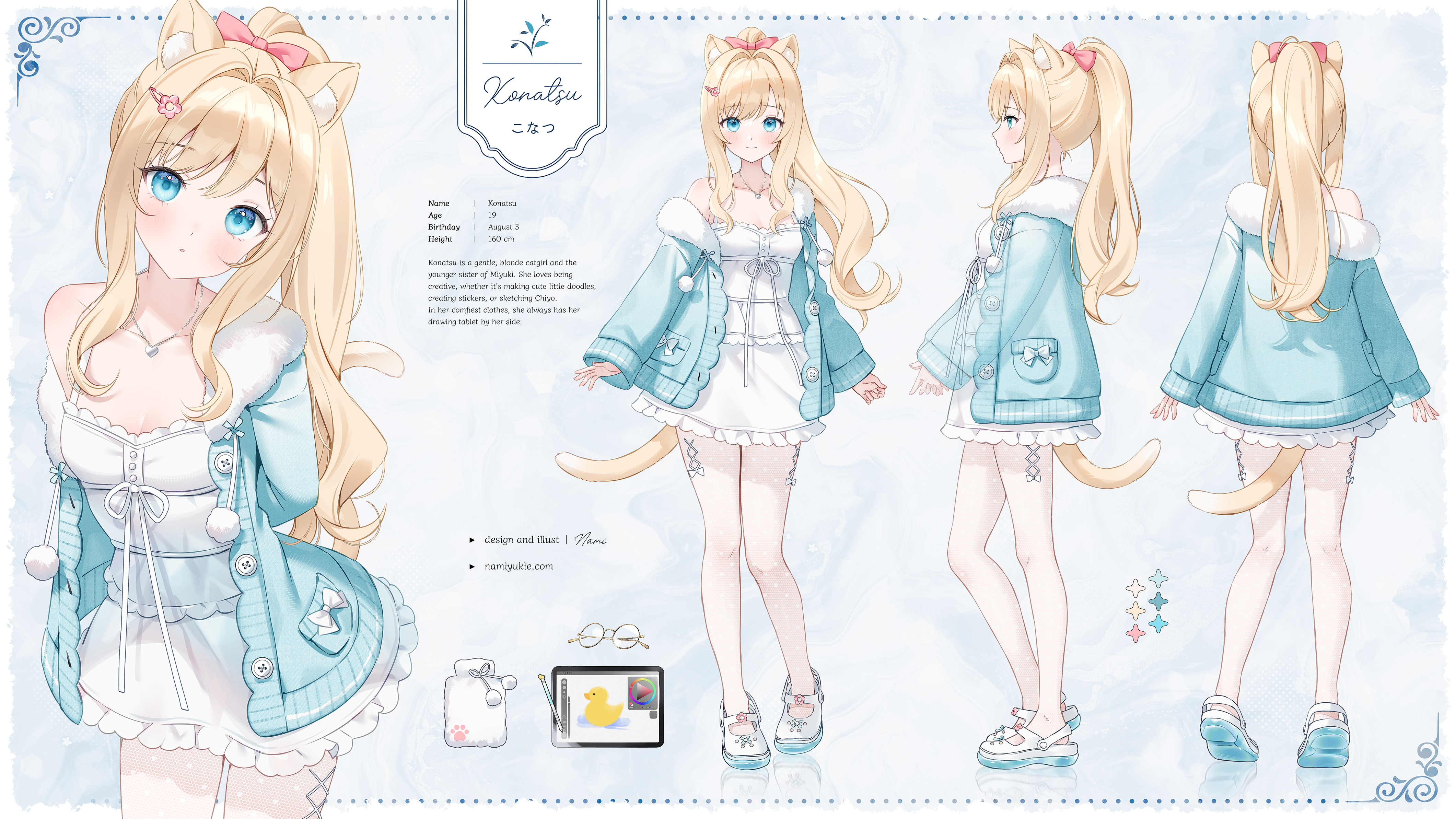 nami (nyaa), original, absurdres, highres, 1girl, animal ear fluff, animal ears, arm behind back, blonde hair, blue eyes, blue jacket, bow, breasts, cat ears, cat girl, cat tail, cleavage, closed mouth, drawing tablet, dress, english text, fur-trimmed jacket, fur trim, glasses, hair bow, jacket, kneepits, long hair, multiple views, off shoulder, open clothes, open jacket, parted lips, pink bow, reference sheet, shoes, sleeveless, sleeveless dress, small breasts, smile, tail, unworn eyewear, watermark, web address, white dress, white shoes, x-ray