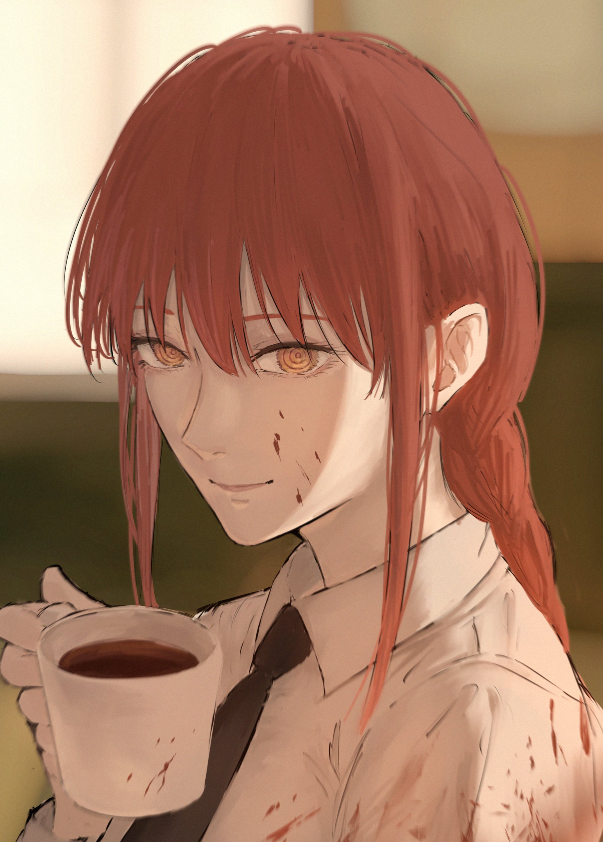 nabe92213, makima (chainsaw man), chainsaw man, absurdres, highres, 1girl, black necktie, blood, blood on clothes, blood on face, blurry, blurry background, closed mouth, coffee, coffee mug, collared shirt, cup, holding, holding cup, indoors, light smile, long hair, looking at viewer, mug, necktie, red hair, ringed eyes, shirt, solo, white shirt, yellow eyes