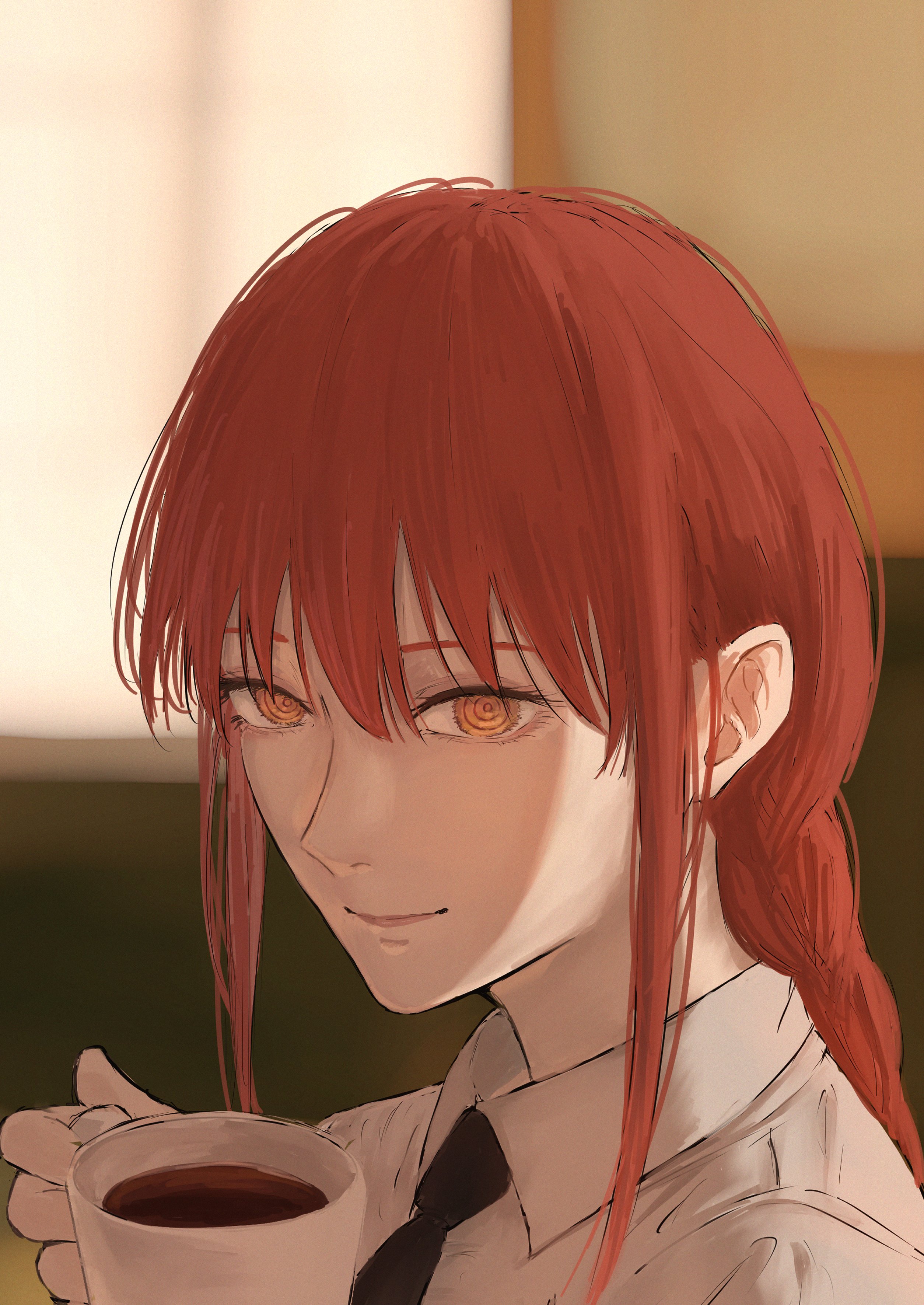 nabe92213, makima (chainsaw man), chainsaw man, absurdres, highres, 1girl, black necktie, blurry, blurry background, closed mouth, coffee, coffee mug, collared shirt, cup, holding, holding cup, indoors, light smile, long hair, looking at viewer, mug, necktie, red hair, ringed eyes, shirt, solo, white shirt, yellow eyes