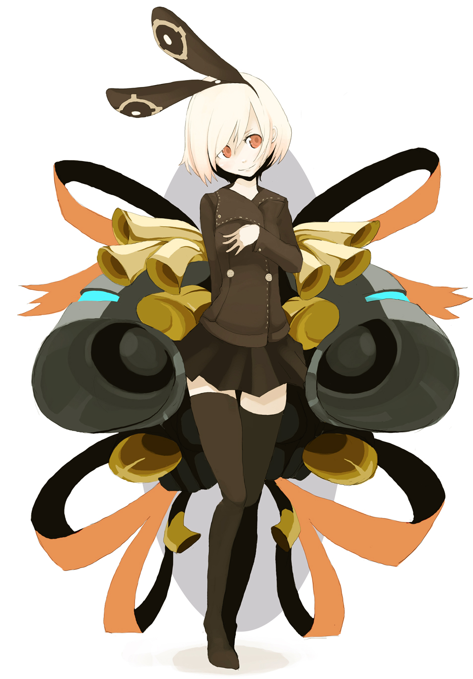 tansuke, original, highres, 1girl, animal ears, female focus, rabbit ears, short hair, skirt, smile, solo, thighhighs, white hair, zettai ryouiki