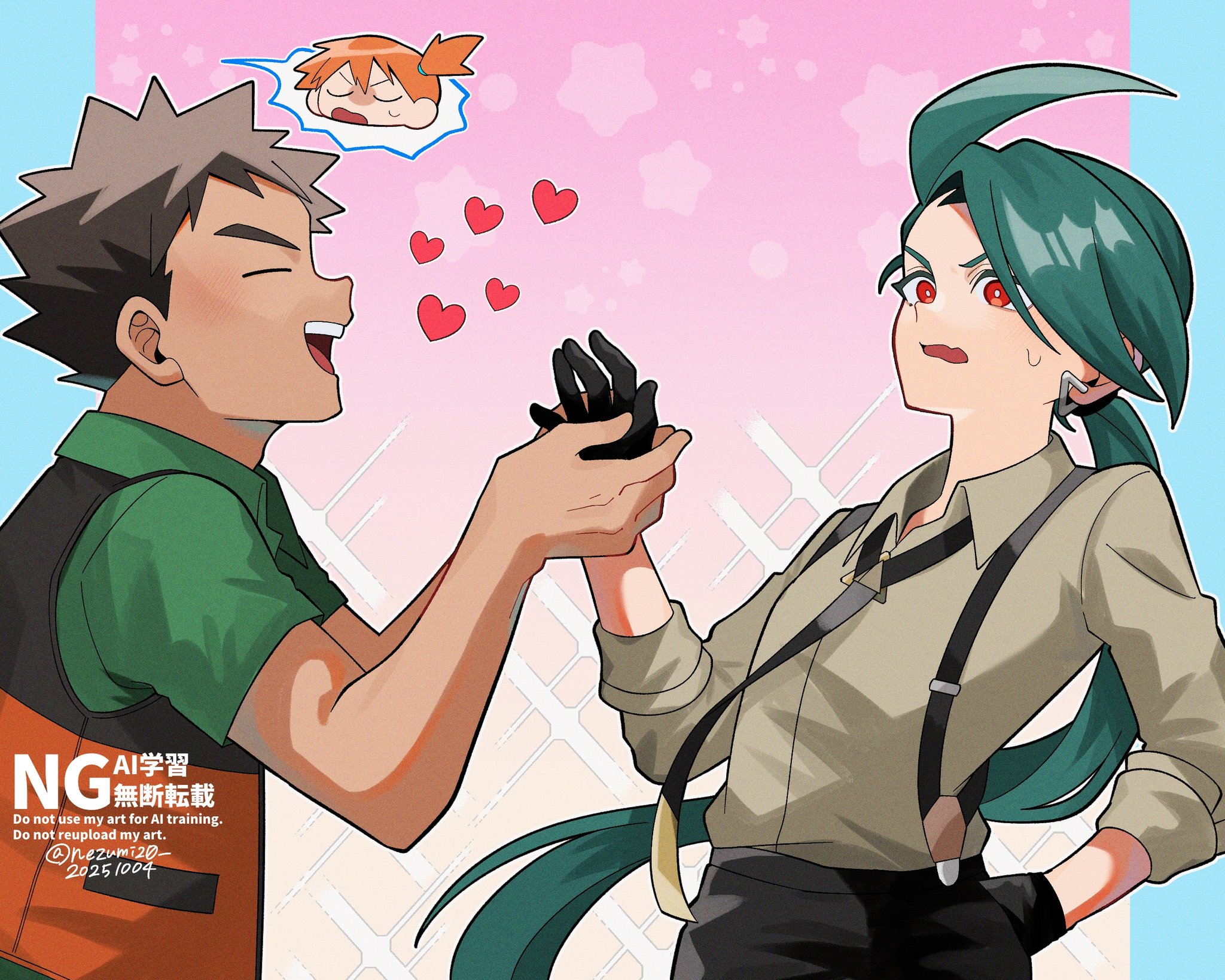 genjitsu o miro, brock (pokemon), misty (pokemon), rika (pokemon), nintendo, pokemon, pokemon (anime), pokemon sv, highres, 1boy, 2girls, ahoge, asymmetrical bangs, black gloves, black necktie, black pants, black vest, bright pupils, brown hair, chibi, chibi inset, closed eyes, collared shirt, earrings, gloves, green hair, green shirt, heart, jewelry, long hair, multiple girls, necktie, open mouth, orange hair, pants, red eyes, reverse trap, shirt, short hair, side ponytail, smile, spiked hair, suspenders, sweatdrop, triangle earrings, vest, white pupils