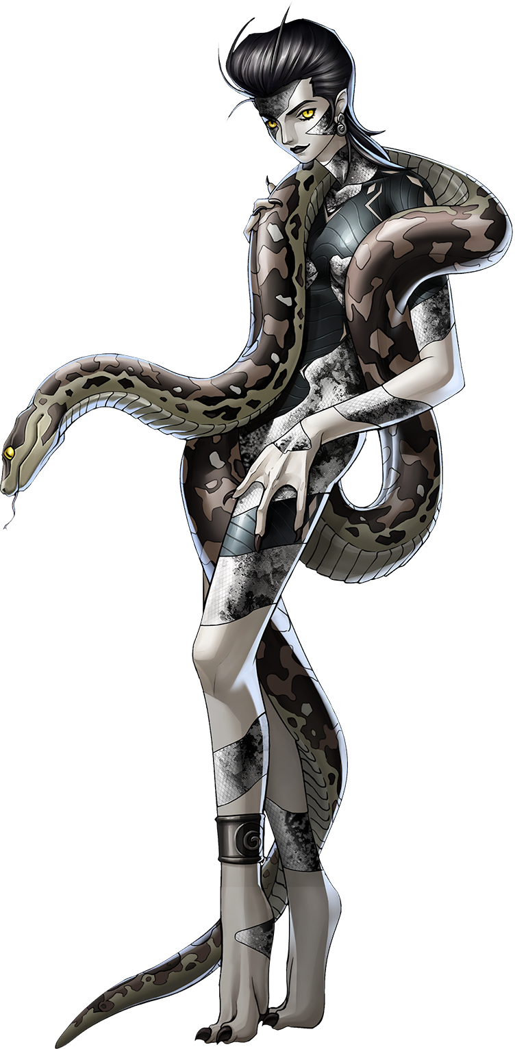 lilith (megami tensei), persona, persona 5, persona 5: the phantom x, shin megami tensei, artist request, highres, official art, third-party source, 1girl, anklet, black claws, black hair, black lips, demon (megami tensei), earrings, forked tongue, hand on own thigh, jewelry, pointy ears, snake, solo, tongue, tongue out, transparent background, yellow eyes