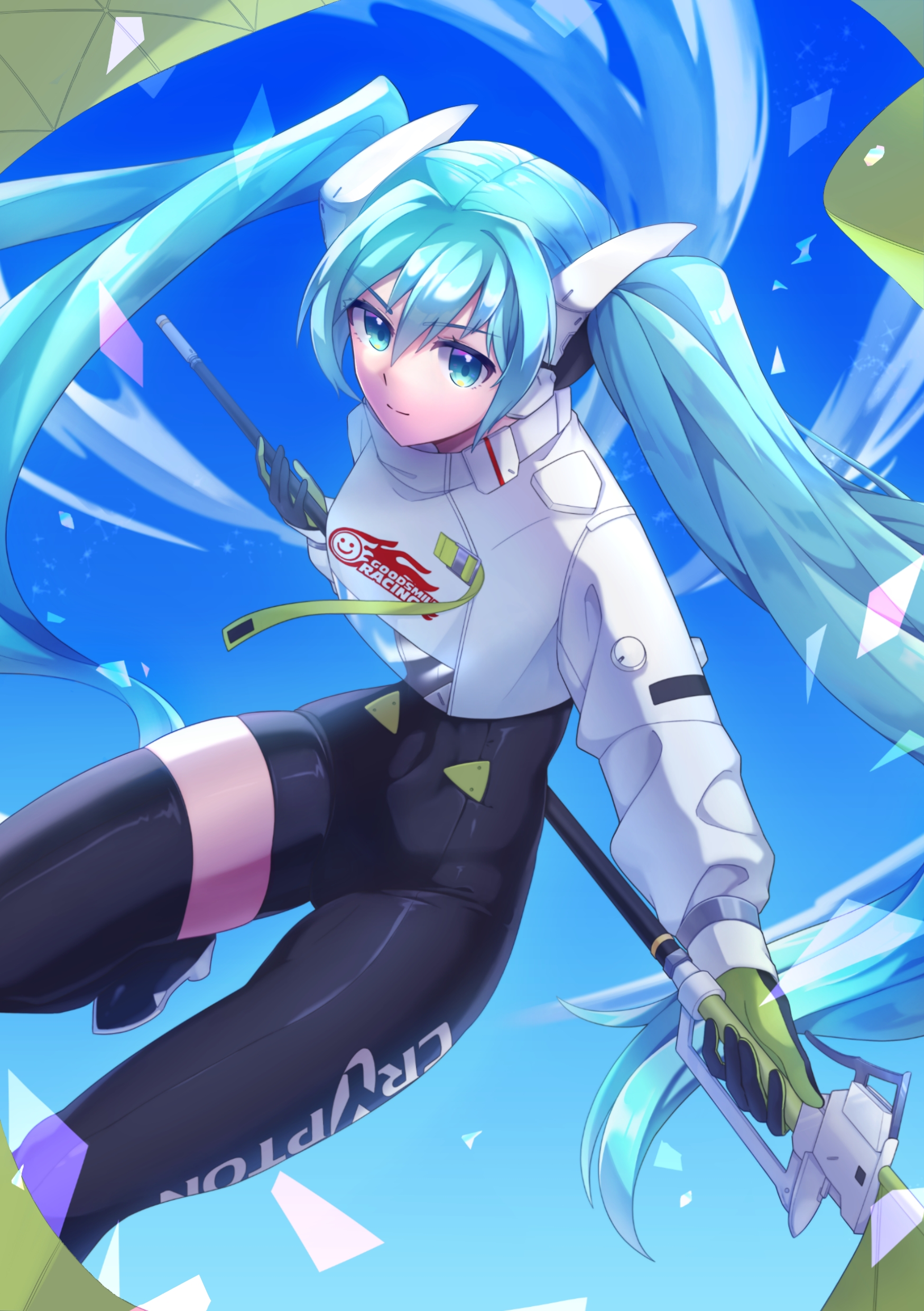 doma shin, hatsune miku, racing miku, racing miku (2022), goodsmile company, goodsmile racing, vocaloid, absurdres, commentary, highres, 1girl, aqua eyes, aqua hair, asymmetrical bodysuit, black bodysuit, black gloves, blue background, bodysuit, boots, closed mouth, clothes writing, covered navel, cropped jacket, flag, flagpole, flame print, gloves, green flag, green gloves, hair between eyes, holding, holding pole, jacket, light smile, long hair, long sleeves, looking at viewer, pole, race queen, sidelocks, single leg bodysuit, single thigh boot, skindentation, smiley face, solo, text print, thigh boots, twintails, two-tone gloves, very long hair, white jacket