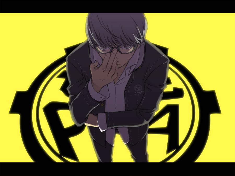 tame, narukami yu, atlus, bounen no xam'd, persona, persona 4, bad id, bad pixiv id, adjusting eyewear, glasses, grey eyes, grey hair, letterboxed, male focus, parody, solo