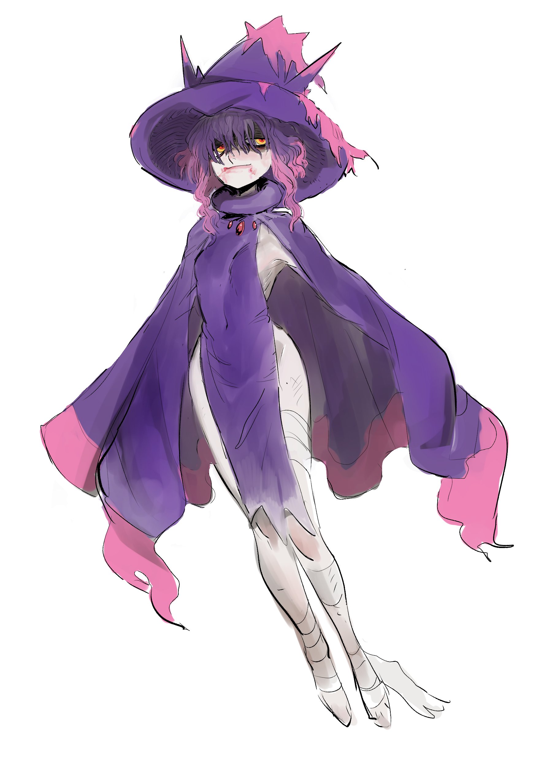 dancho no mori, mismagius, nintendo, pokemon, absurdres, highres, 1girl, bandaged leg, bandages, blood on mouth, breasts, closed mouth, covered navel, dress, full body, gen 4 pokemon, hat, long bangs, medium hair, multicolored eyes, multicolored hair, no panties, pelvic curtain, personification, pink hair, purple dress, purple hair, purple hat, red eyes, shaded face, simple background, small breasts, smile, solo, two-tone eyes, two-tone hair, white background, witch hat, yellow eyes