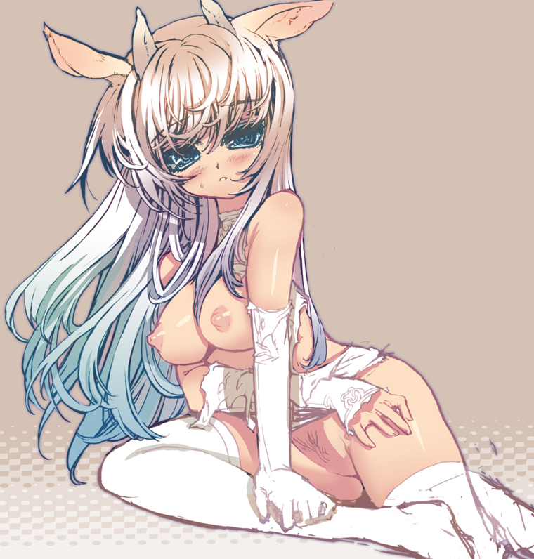 blade (galaxist), silver hair, bad id, bad pixiv id, 1girl, animal ears, blue eyes, blush, breasts, cow ears, cow girl, elbow gloves, female focus, female pubic hair, gloves, gradient hair, horns, long hair, multicolored hair, nipples, pubic hair, simple background, solo, thighhighs, torn clothes