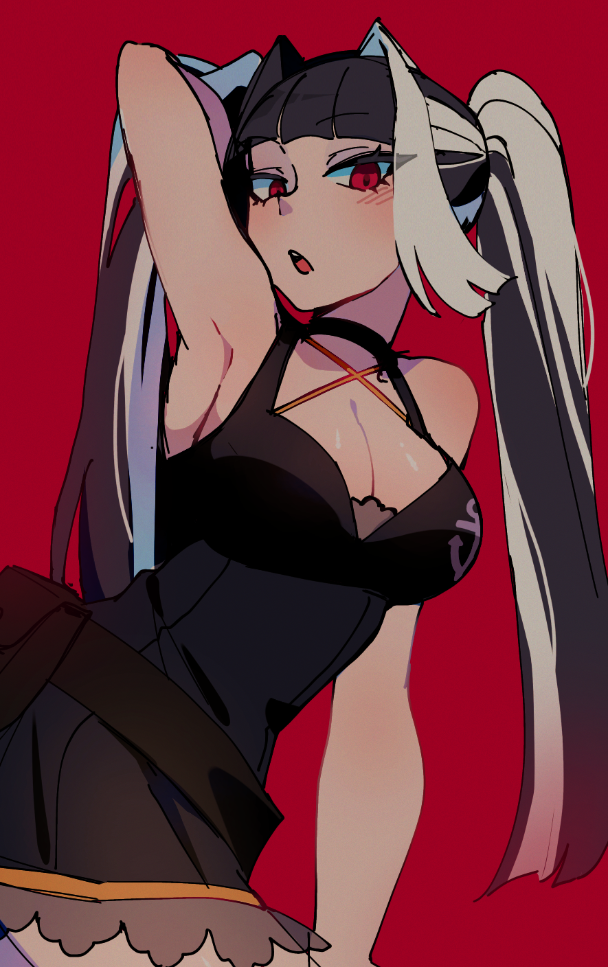 cio (ciosui), original, highres, 1girl, arm behind head, bent over, black choker, black hair, breasts, choker, cleavage, dress, hair intakes, large breasts, long hair, looking at viewer, multicolored hair, red background, red eyes, short dress, solo, twintails, two-tone hair, white hair