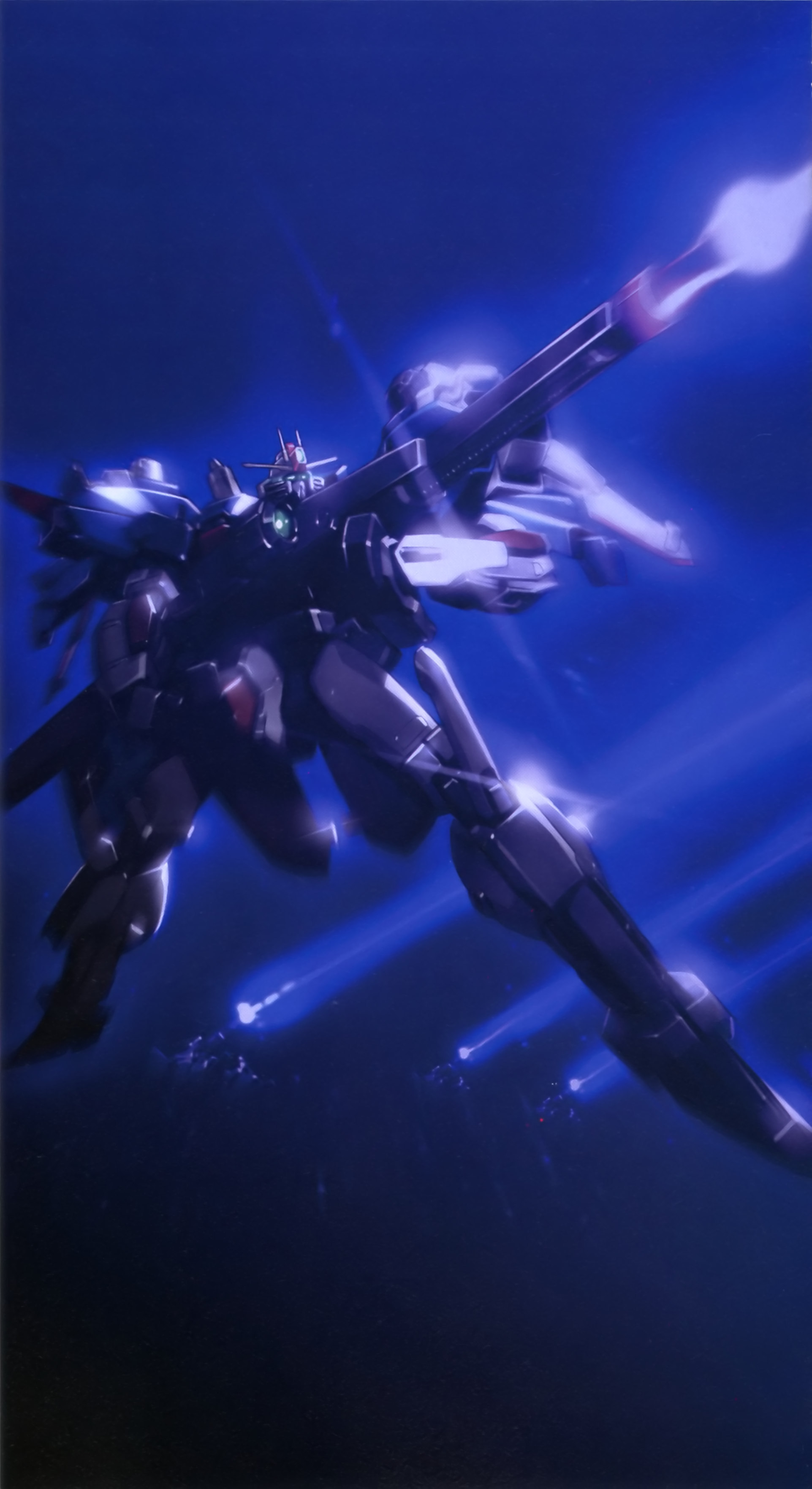 s gundam, gundam, gundam sentinel, absurdres, artist request, highres, official art, battle, beam rifle, energy beam, energy gun, firing, gundam perfect file, machinery, mecha, mecha focus, mobile suit, no humans, realistic, robot, science fiction, space, star (sky), v-fin, weapon, zero gravity