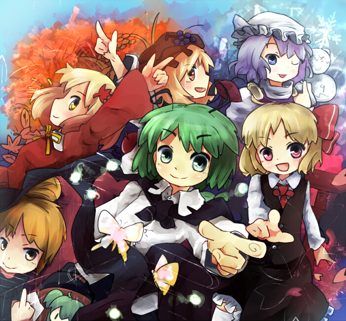 murani, aki minoriko, aki shizuha, cirno, kisume, kurodani yamame, letty whiterock, rumia, wriggle nightbug, touhou, 6+girls, antennae, blonde hair, blue eyes, blush, bow, bucket, bug, butterfly, cape, dress, female focus, food, fruit, grapes, green eyes, green hair, hair bow, in bucket, in container, insect, leaf, maple leaf, middle finger, multiple girls, pointing, purple eyes, purple hair, red eyes, short hair, silk, snow, snowman, spider web, yellow eyes