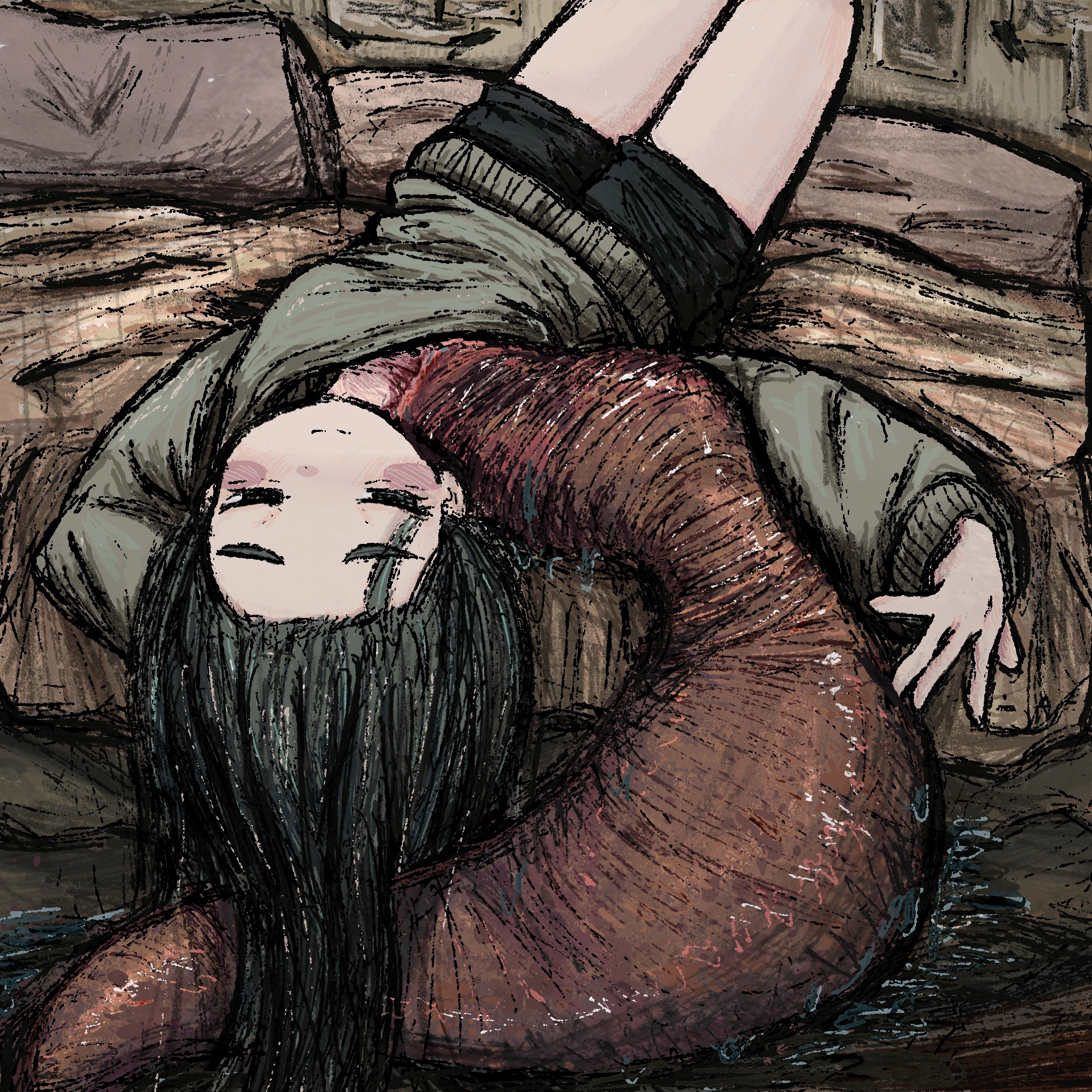 bubbacterial, original, highres, 1girl, animal, black eyes, black hair, black shorts, blood, closed mouth, grey sweater, knees up, leech, long hair, lying, on back, on bed, oversized animal, short shorts, shorts, solo, sweater