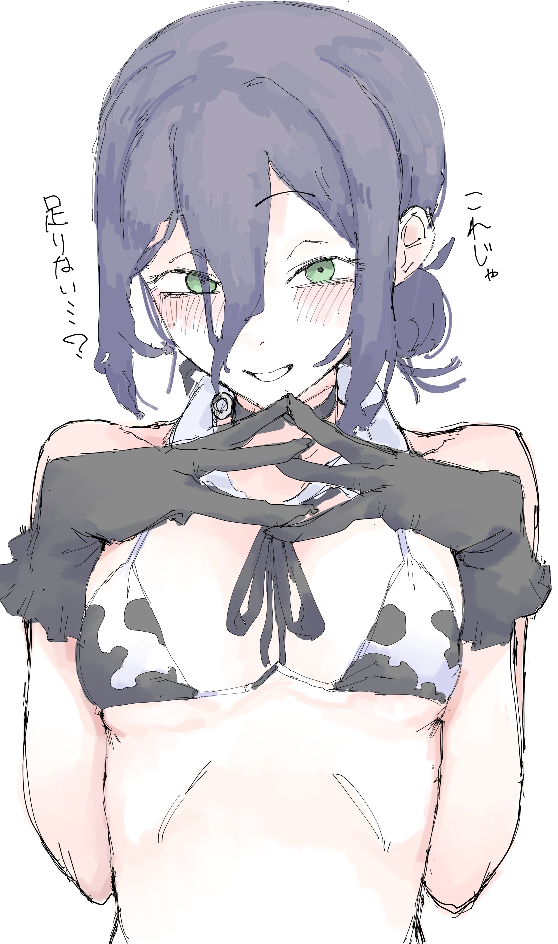 mocamocaink, reze (chainsaw man), chainsaw man, absurdres, highres, 1girl, alternate costume, animal print, bikini, black choker, black gloves, black hair, breasts, choker, cow print, cow print bikini, gloves, green eyes, grenade pin, hair between eyes, looking at viewer, print bikini, simple background, small breasts, solo, swimsuit, white background