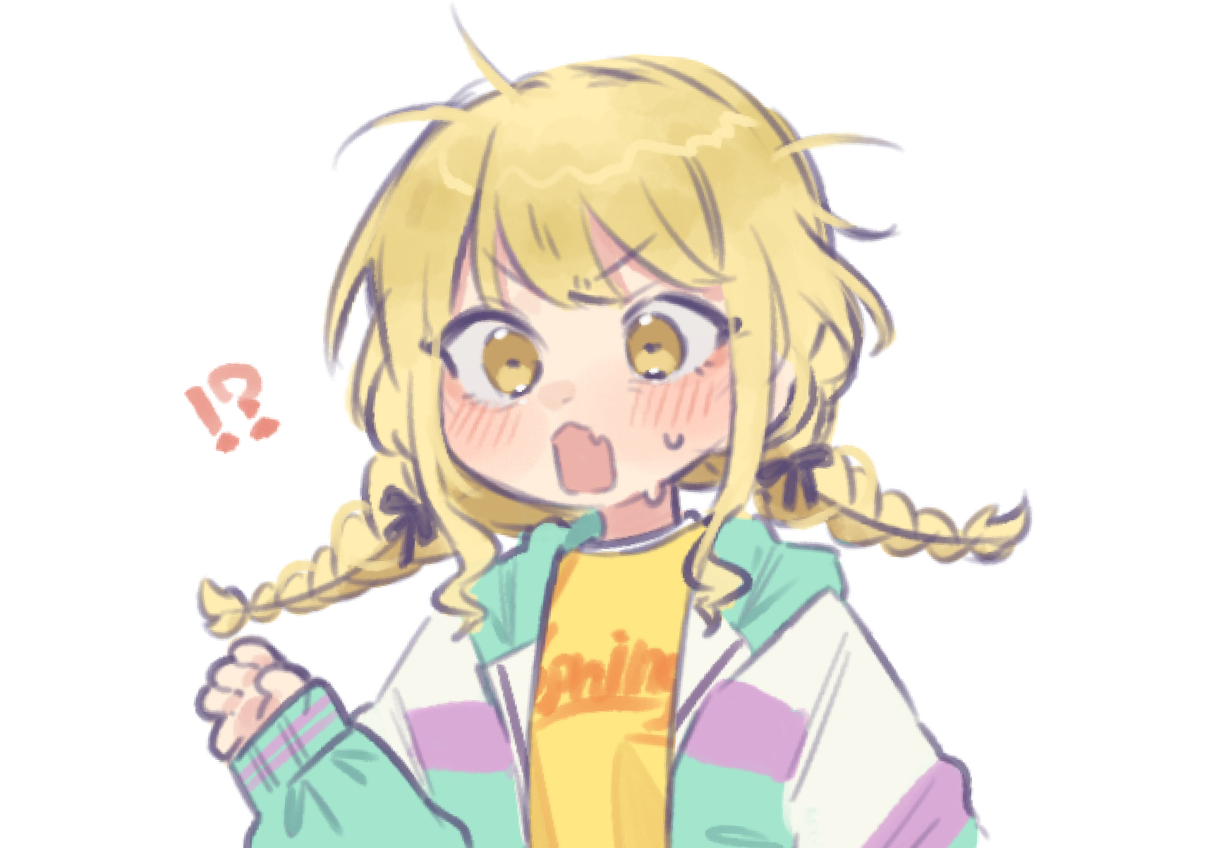 siiaka023, fujita kotone, gakuen idolmaster, idolmaster, aliasing, commentary request, highres, !?, 1girl, blonde hair, blush, braid, clothes writing, deformed, furrowed brow, hand up, jacket, long hair, looking at viewer, open clothes, open jacket, open mouth, shirt, simple background, solo, sweat, twin braids, upper body, wavy mouth, white background, yellow eyes, yellow shirt