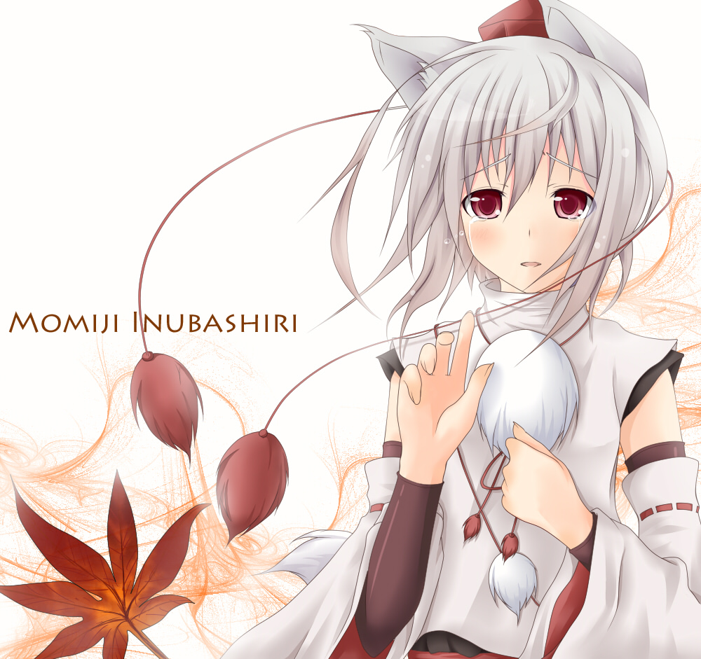momiz-tama (pixiv), tokijiro, inubashiri momiji, touhou, silver hair, bad id, bad pixiv id, 1girl, animal ears, character name, detached sleeves, female focus, hat, leaf, red eyes, short hair, solo, tail, tears, wolf ears, wolf tail