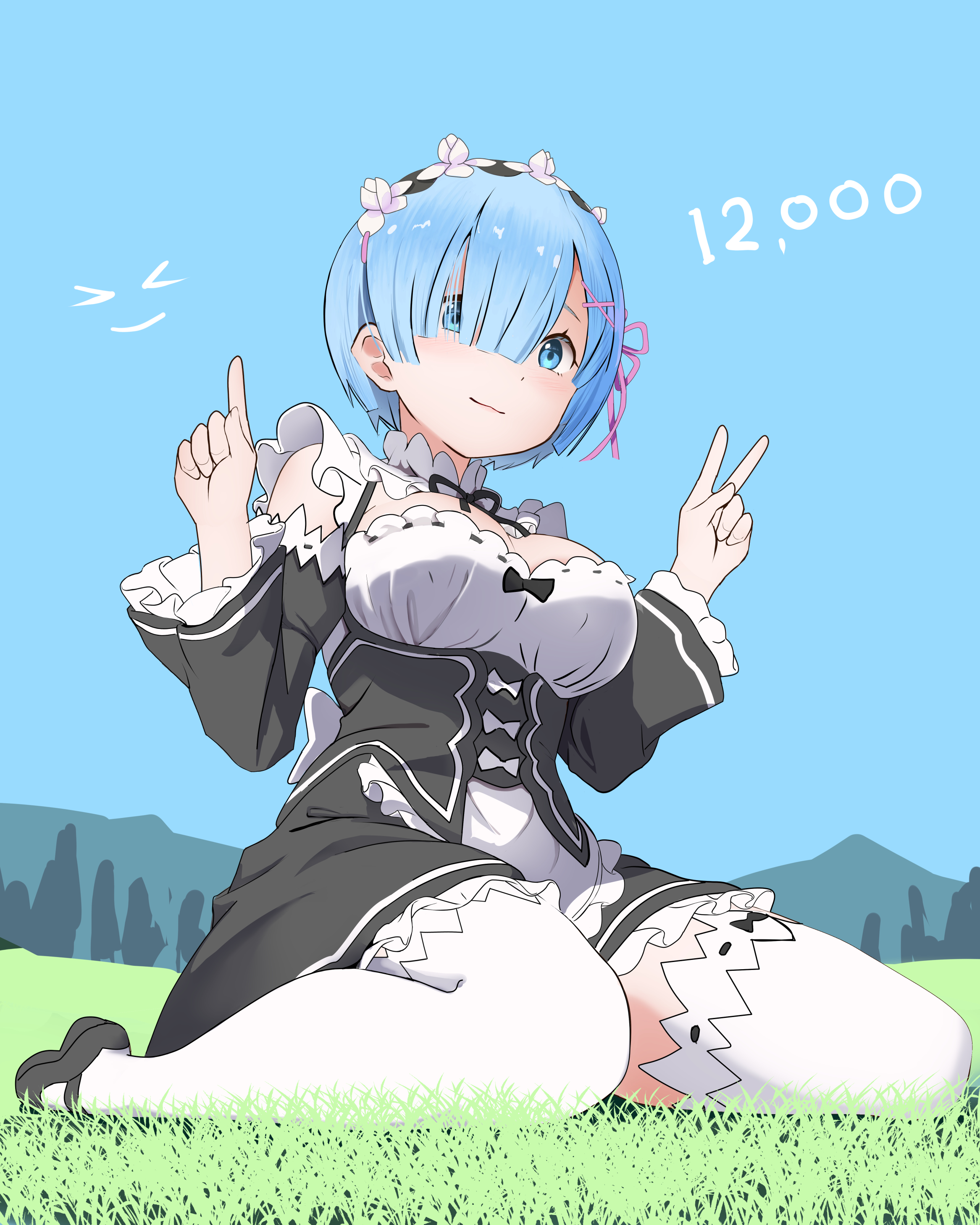 gibun (sozoshu), rem (re:zero), re:zero kara hajimeru isekai seikatsu, absurdres, commentary request, highres, 1girl, black dress, black ribbon, black shoes, blue eyes, blue hair, blue sky, breasts, clear sky, detached sleeves, dress, full body, grass, hair ornament, hair over one eye, hands up, kneeling, large breasts, looking at viewer, maid, maid headdress, mary janes, milestone celebration, mountainous horizon, neck ribbon, outdoors, pink ribbon, pointing, pointing up, purple ribbon, ribbon, ribbon-trimmed clothes, ribbon trim, roswaal mansion maid uniform, shoes, short hair, sitting, sky, smile, solo, thighhighs, v, wariza, white thighhighs, x hair ornament