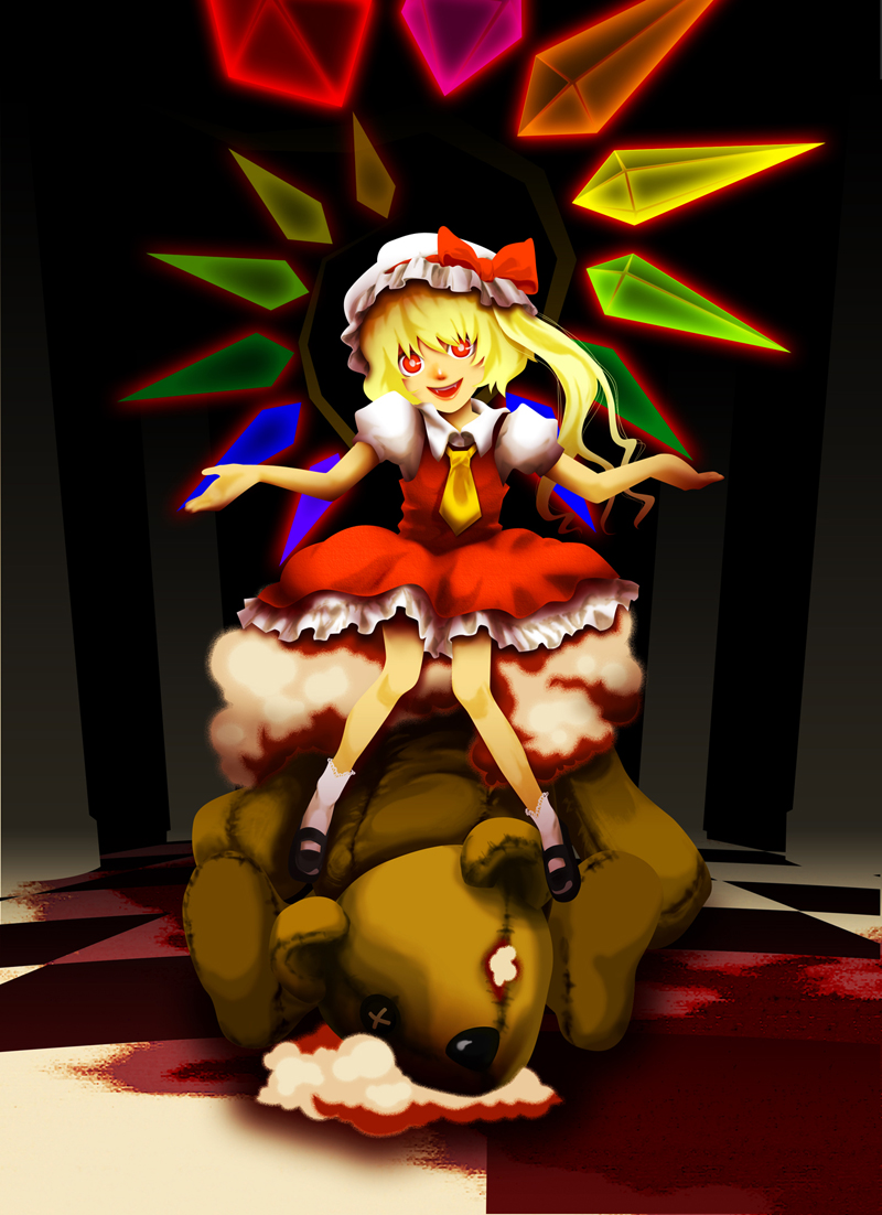 suzu (pixiv116355), flandre scarlet, perfect memento in strict sense, touhou, 1girl, blonde hair, blood, broken, dress, female focus, full body, gradient background, hat, hat ribbon, mob cap, necktie, red eyes, ribbon, shrugging, smile, solo, stuffed animal, stuffed toy, teddy bear, wings