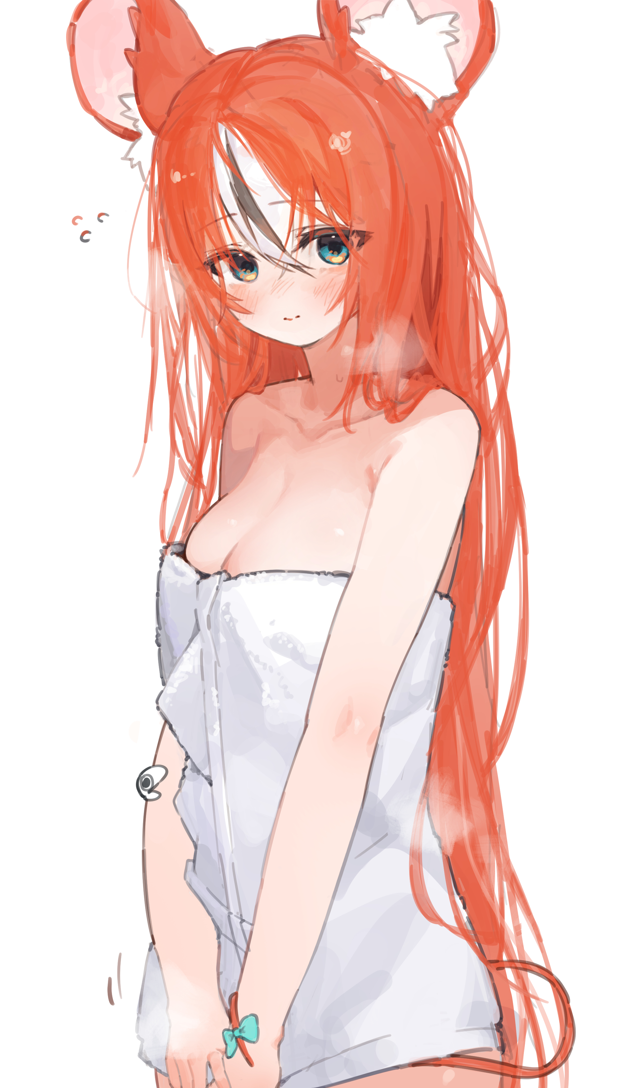 chocosong, hakos baelz, hololive, hololive english, absurdres, highres, 1girl, alternate costume, animal ears, black streaks, blue eyes, blush, breasts, long hair, looking at viewer, medium breasts, mouse ears, mouse girl, mouse tail, multicolored hair, red hair, simple background, solo, tail, towel, very long hair, virtual youtuber, white background, white hair