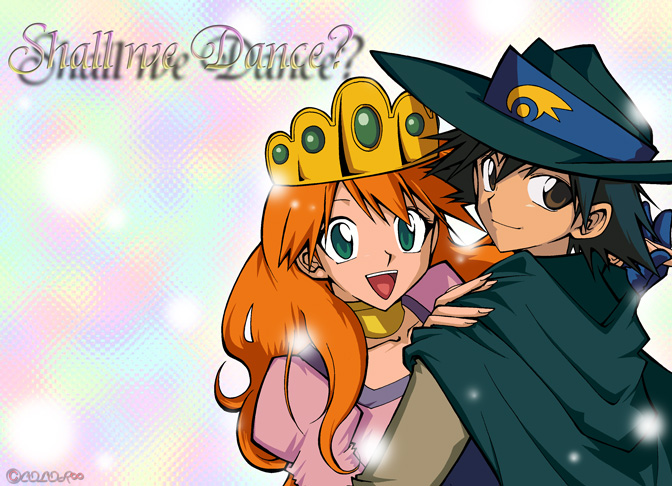 xruka, ash ketchum, misty (pokemon), nintendo, pokemon, pokemon (anime), bad id, bad pixiv id, 1boy, 1girl, alternate costume, cape, child, crown, dancing, dress, gloves, green eyes, hat, long hair, open mouth, orange hair, smile