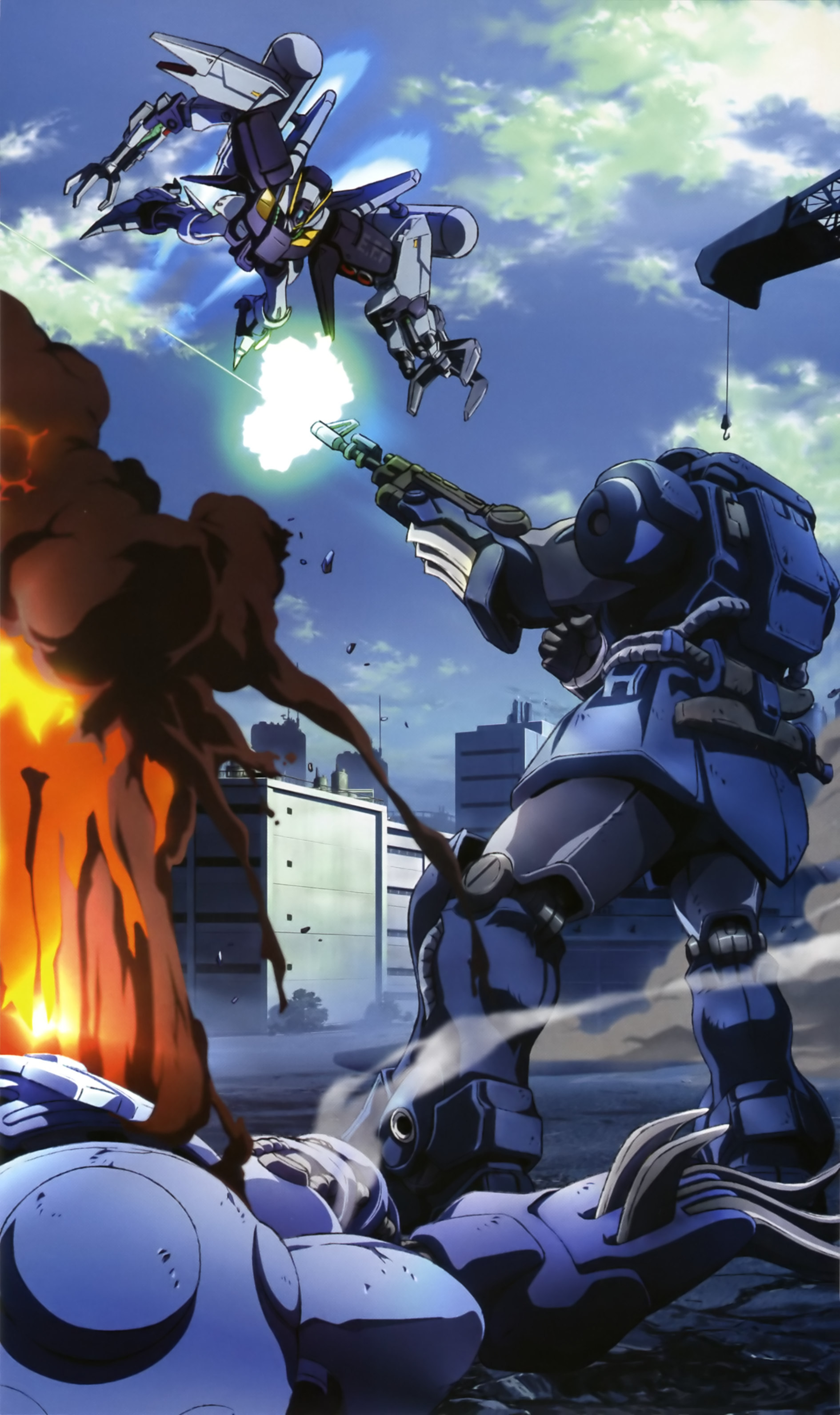 byalant, byalant custom, zee zulu, gundam, gundam unicorn, absurdres, artist request, highres, official art, aiming, arm cannon, battle, beam cannon, beam rifle, building, burning, cable, cloud, cloudy sky, crane (machine), damaged, debris, dirty, earth federation, energy beam, energy gun, firing, flying, gundam perfect file, machinery, mecha, mecha focus, mobile suit, muzzle flash, neo zeon, robot, roundel, scene reference, science fiction, sky, smoke, thrusters, weapon, wreckage