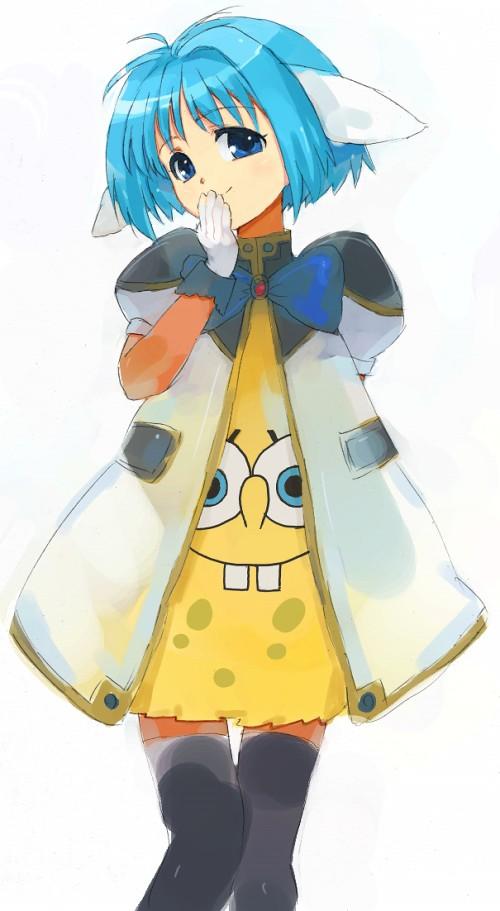 asasow, mint blancmanche, spongebob squarepants, galaxy angel, nickelodeon, spongebob squarepants (series), 00s, 1girl, animal ears, arm behind back, black thighhighs, blue eyes, blue hair, covering own mouth, dress, female focus, gloves, hand to own mouth, looking at viewer, matching hair/eyes, puffy sleeves, short dress, short hair, simple background, sketch, smile, solo, thighhighs, white background, zettai ryouiki