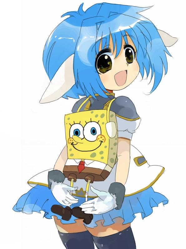 asasow, mint blancmanche, spongebob squarepants, galaxy angel, nickelodeon, spongebob squarepants (series), 00s, 1girl, animal ears, backpack, bag, blue hair, blue skirt, female focus, randoseru, short hair, sketch, skirt, solo, thighhighs, zettai ryouiki