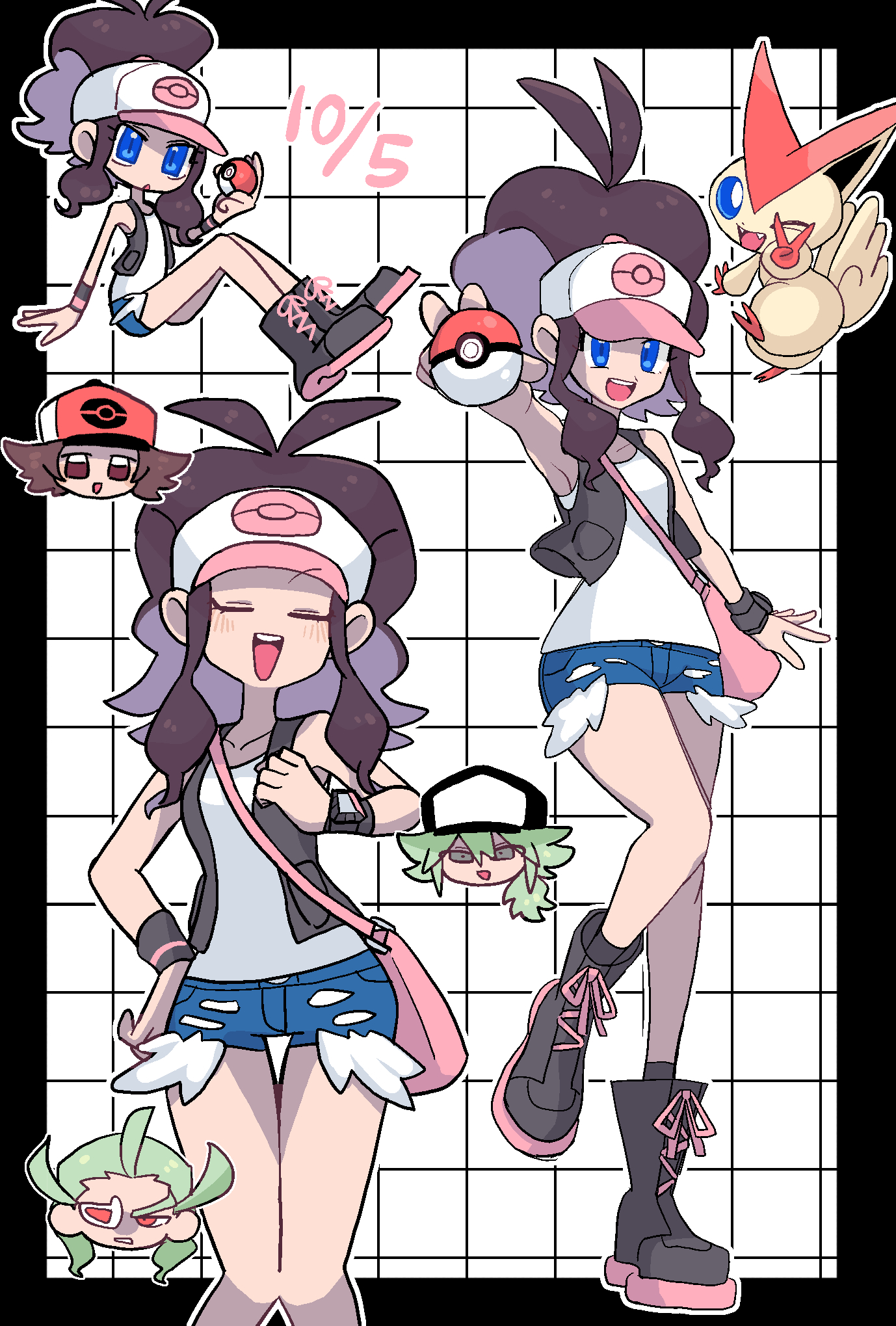 ghetsis (pokemon), hilbert (pokemon), hilda (pokemon), n (pokemon), victini, nintendo, pokemon, pokemon bw, artist request, highres, 1girl, 1other, baseball cap, black vest, blue eyes, blue shorts, blush, breasts, brown hair, chibi, denim, denim shorts, full body, gen 5 pokemon, green hair, hat, high ponytail, holding, holding poke ball, legendary pokemon, long hair, looking at viewer, multiple boys, multiple views, mythical pokemon, poke ball, ponytail, shirt, short hair, short shorts, shorts, sidelocks, standing, vest, white shirt, wristband