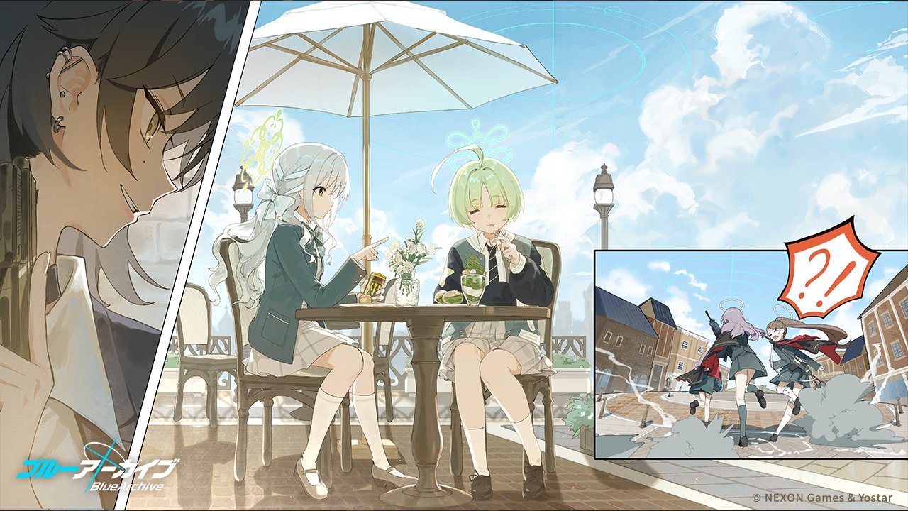 yuyin rina, fuyu (blue archive), miyo (blue archive), ritsu (blue archive), blue archive, monster (drink), twitter, official art, !?, 6+girls, antenna hair, black hair, blue sky, chair, cloud, cloudy sky, desk, food, green hair, grey hair, gun, handgun, ice cream, long hair, multicolored hair, multiple girls, parasol, short hair, sitting, sky, socks, spoon, two-tone hair, umbrella, weapon, white hair, white socks
