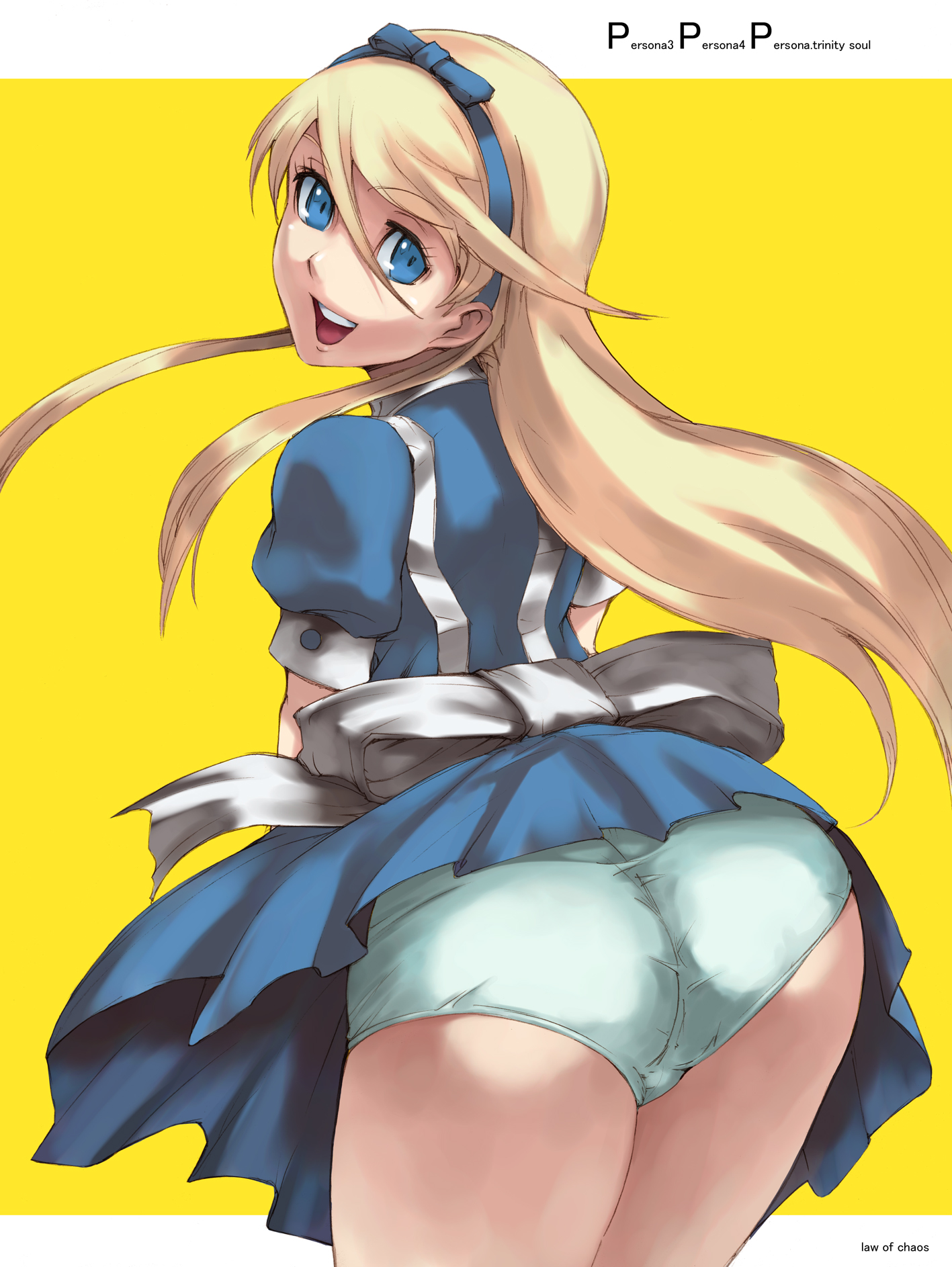 ippo, alice (alice in wonderland), kuma (persona 4), alice's adventures in wonderland, atlus, persona, persona 4, highres, 1boy, alice (alice in wonderland) (cosplay), ass, ass focus, blonde hair, blue eyes, cosplay, long hair, looking back, male focus, panties, solo, trap, underwear