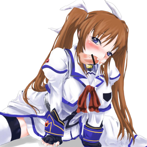 ankoku emu shougun, takamachi nanoha, lyrical nanoha, mahou shoujo lyrical nanoha, mahou shoujo lyrical nanoha strikers, uniform, bad id, bad pixiv id, 00s, 1girl, blush, brown hair, censored, cum, cum in mouth, cum on body, disembodied penis, facial, fellatio, fingerless gloves, gloves, long hair, oral, penis, purple eyes, skirt, thighhighs, twintails, zettai ryouiki
