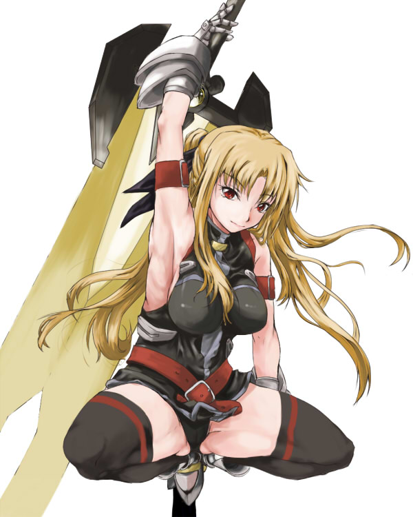 ankoku emu shougun, bardiche (nanoha), bardiche (zanber form) (nanoha), fate testarossa, fate testarossa (true sonic form), lyrical nanoha, mahou shoujo lyrical nanoha, mahou shoujo lyrical nanoha strikers, bad id, bad pixiv id, 00s, blonde hair, energy sword, gauntlets, gloves, huge weapon, long hair, red eyes, sword, thighhighs, twintails, weapon