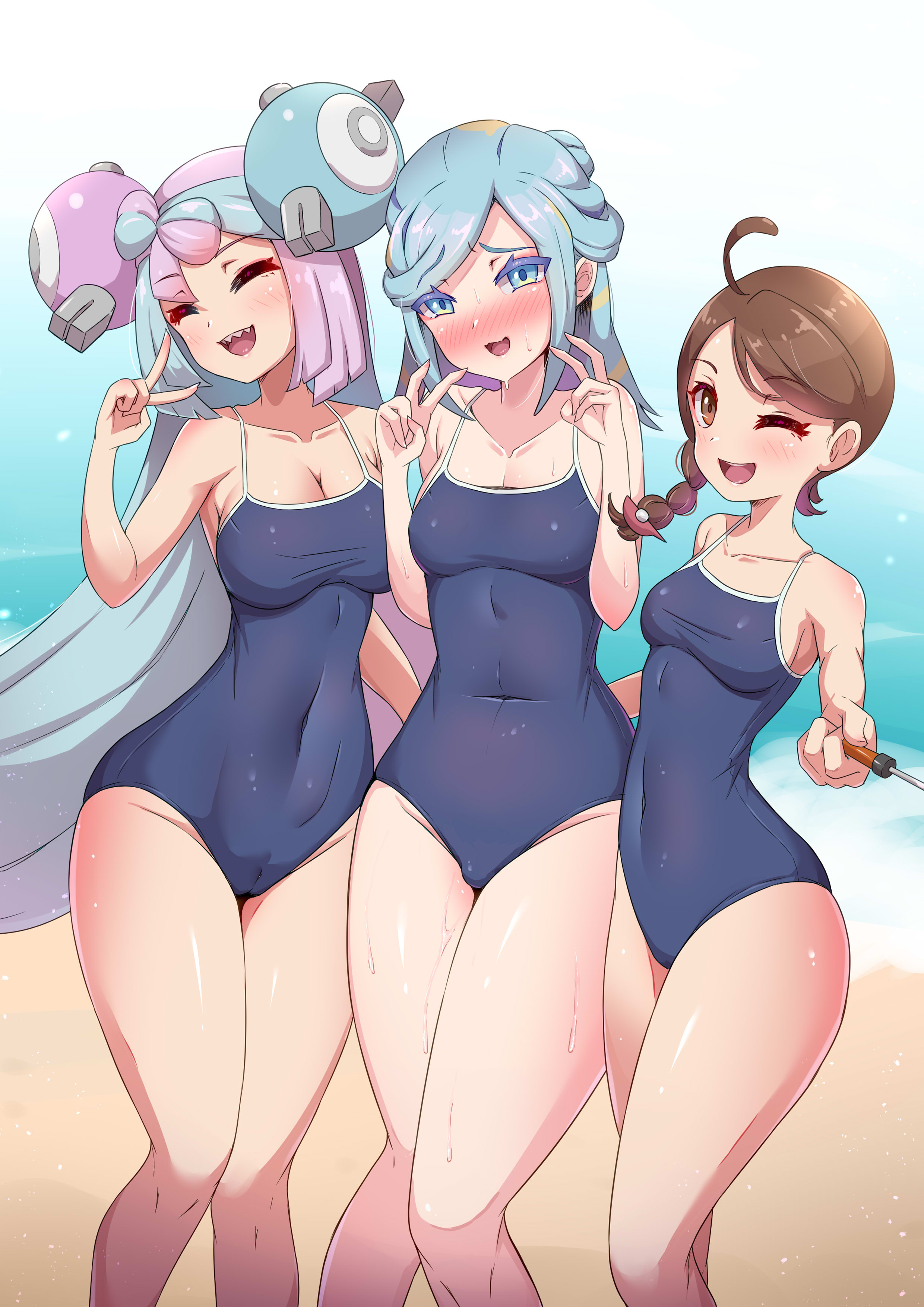 bitchmotor, grusha (pokemon), iono (pokemon), juliana (pokemon), nintendo, pokemon, pokemon sv, variant set, 1futa, 2girls, bare legs, bare shoulders, beach, blue eyes, blue hair, blue one-piece swimsuit, braid, breasts, brown eyes, brown hair, cameltoe, closed eyes, collarbone, covered navel, day, dot nose, double v, embarrassed, eyelashes, feet out of frame, futanari, genderswap, genderswap (mtf), hand up, hands up, long hair, looking at viewer, matching hair/eyes, medium breasts, multicolored hair, multiple girls, nervous, nervous smile, ocean, one-piece swimsuit, one eye closed, open mouth, outdoors, petite, pink hair, sand, selfie, sharp teeth, short hair, single braid, small breasts, smile, split-color hair, standing, swimsuit, teeth, two-tone hair, upper teeth only, v, water, wide hips