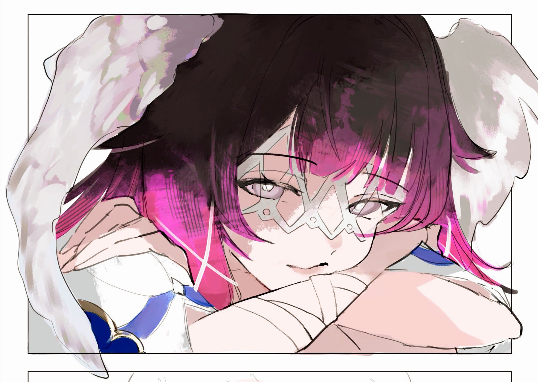columbina (genshin impact), genshin impact, highres, unfinished, 1girl, black hair, blunt bangs, border, bright pupils, close-up, closed mouth, crossed arms, gradient hair, grey eyes, hands on own shoulders, head on arm, head rest, head wings, looking at viewer, multicolored hair, pink hair, pink lips, sa 3987, simple background, solo, white background, white border, white pupils, white wings, wings