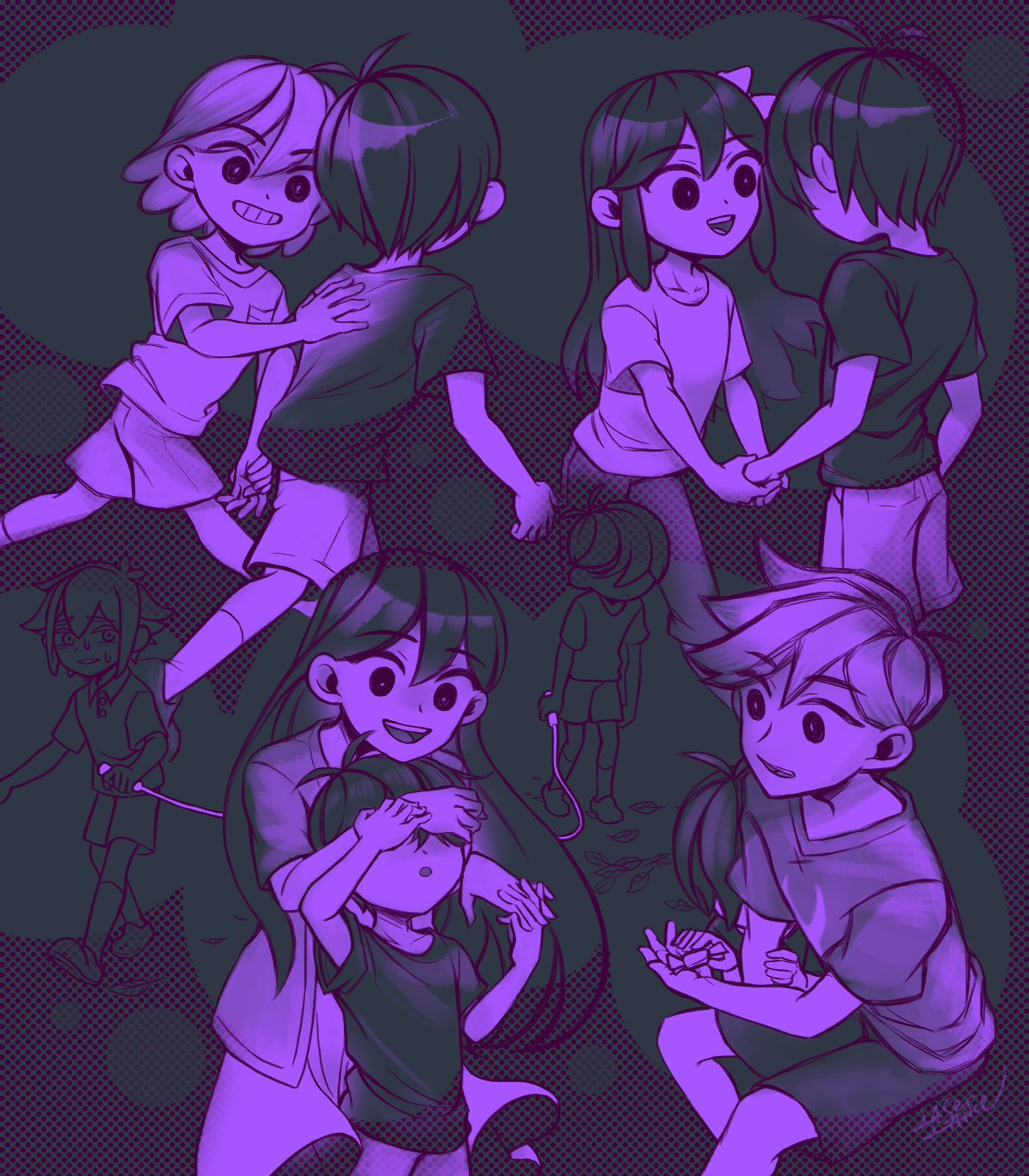 laser-lance, aubrey (faraway) (omori), aubrey (omori), basil (faraway) (omori), basil (omori), hero (faraway) (omori), hero (omori), kel (faraway) (omori), kel (omori), mari (faraway) (omori), mari (omori), sunny (omori), omori, highres, spoilers, 2girls, 4boys, aged down, alternate costume, antenna hair, artist name, blush, bow, breast pocket, bright pupils, brother and sister, candy, chair, collarbone, collared shirt, dark-skinned male, dark skin, double-parted bangs, food, grin, hair between eyes, hair bow, hand grab, hand on another's back, hand over another's eyes, holding, holding candy, holding food, holding jump rope, jacket, jump rope, long hair, looking at another, monochrome, multiple boys, multiple girls, open clothes, open jacket, open mouth, outdoors, pants, parted lips, pink bow, pink shirt, pocket, polka dot, polka dot skirt, shirt, short hair, short sleeves, shorts, siblings, sitting, skirt, smile, socks, sweater vest, t-shirt, teeth, tongue, upper teeth only