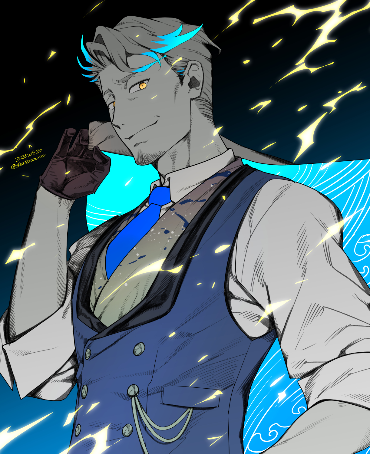 shatou (c-com), fate/grand order, fate (series), highres, 1boy, black background, black gloves, blue background, blue corset, blue necktie, blue streaks, cape, coat, collared shirt, corset, facial hair, gloves, goatee, gradient background, katsu kaishu (fate), looking at viewer, male focus, multicolored cape, multicolored coat, necktie, old, old man, partially colored, shirt, short hair, solo, sparks, two-tone coat, white shirt, yellow eyes